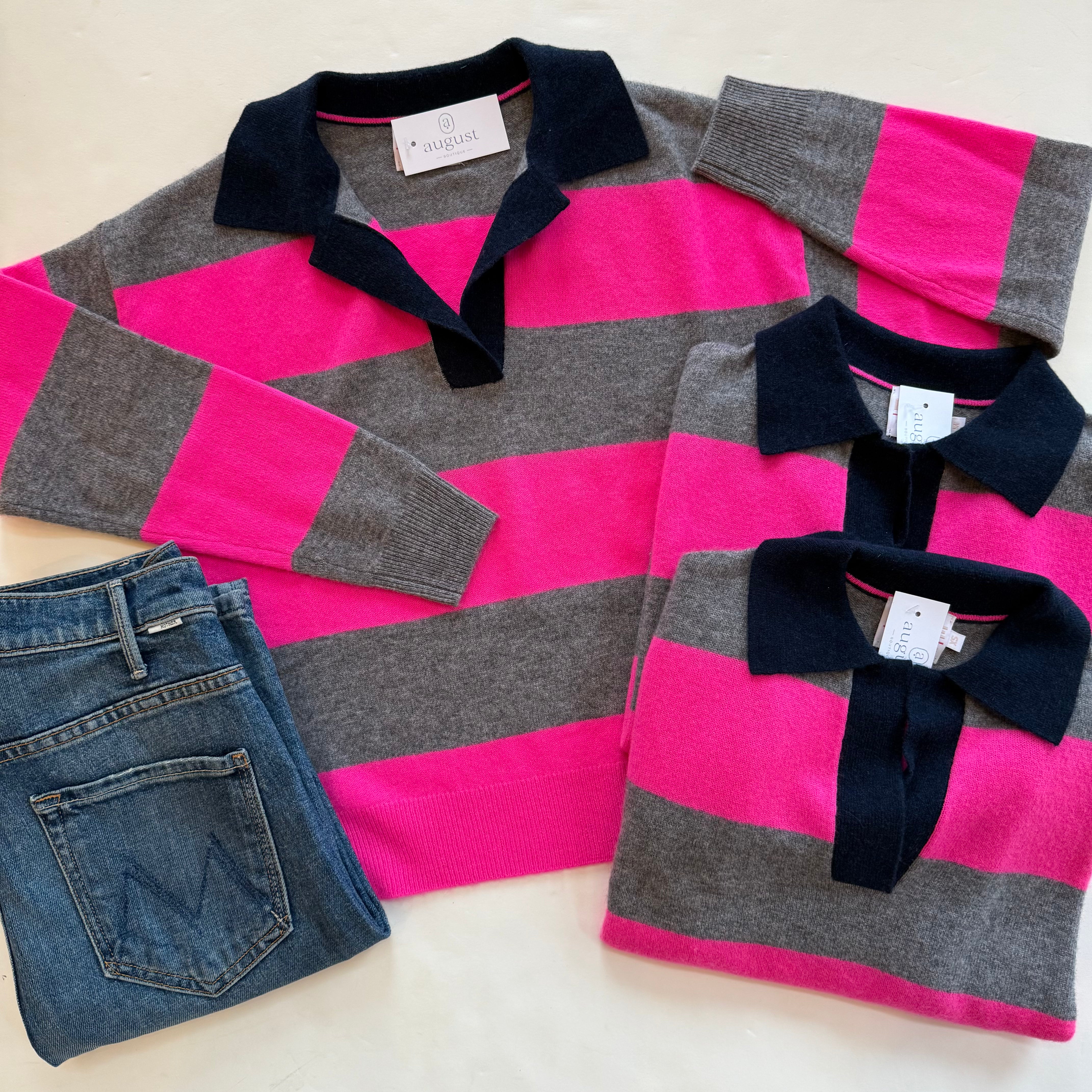 Br079 Brodie Pink Stripe Rugby Polo Sweater