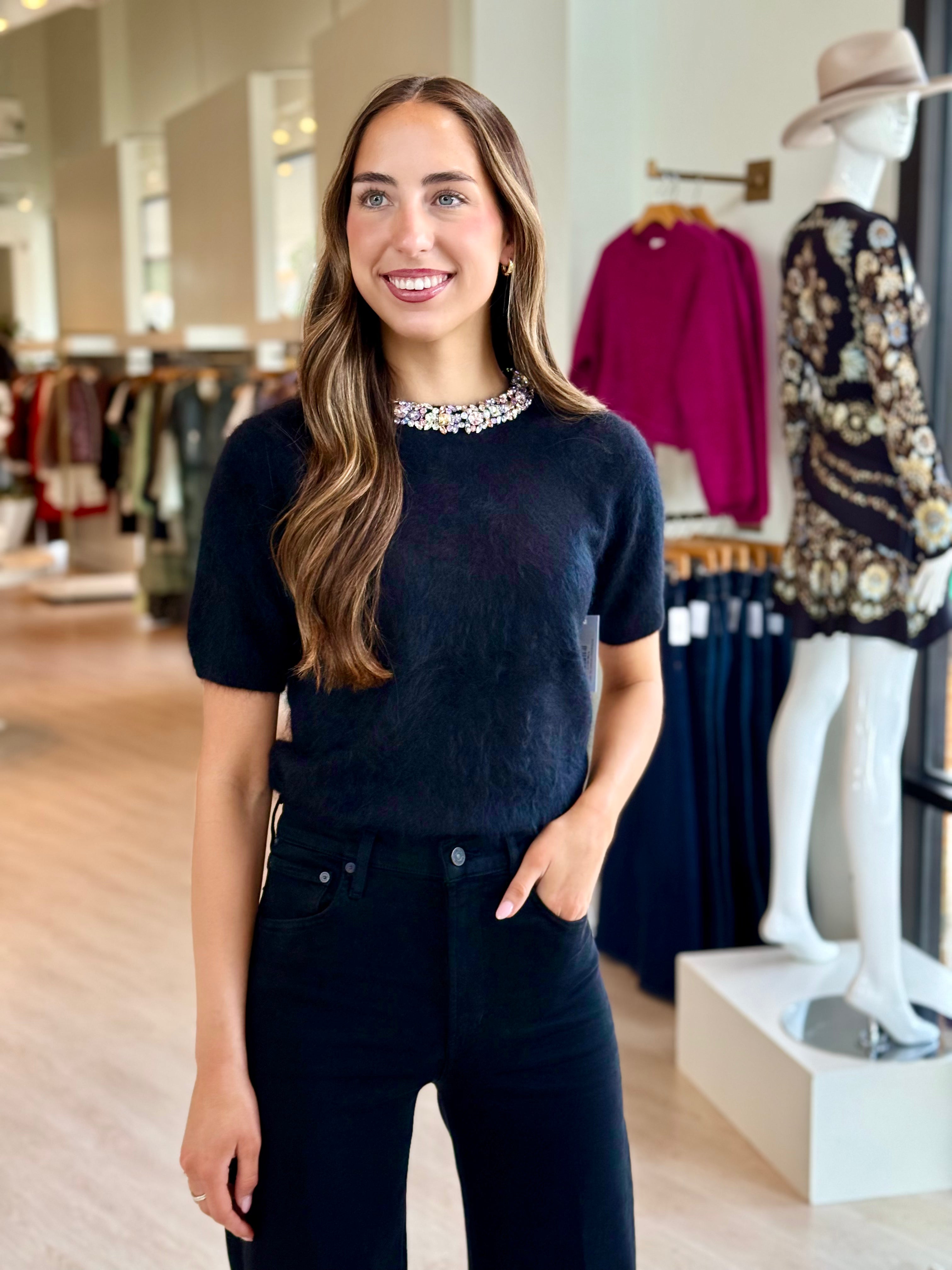 Pl3730 Jeweled Cashmere Top - Black