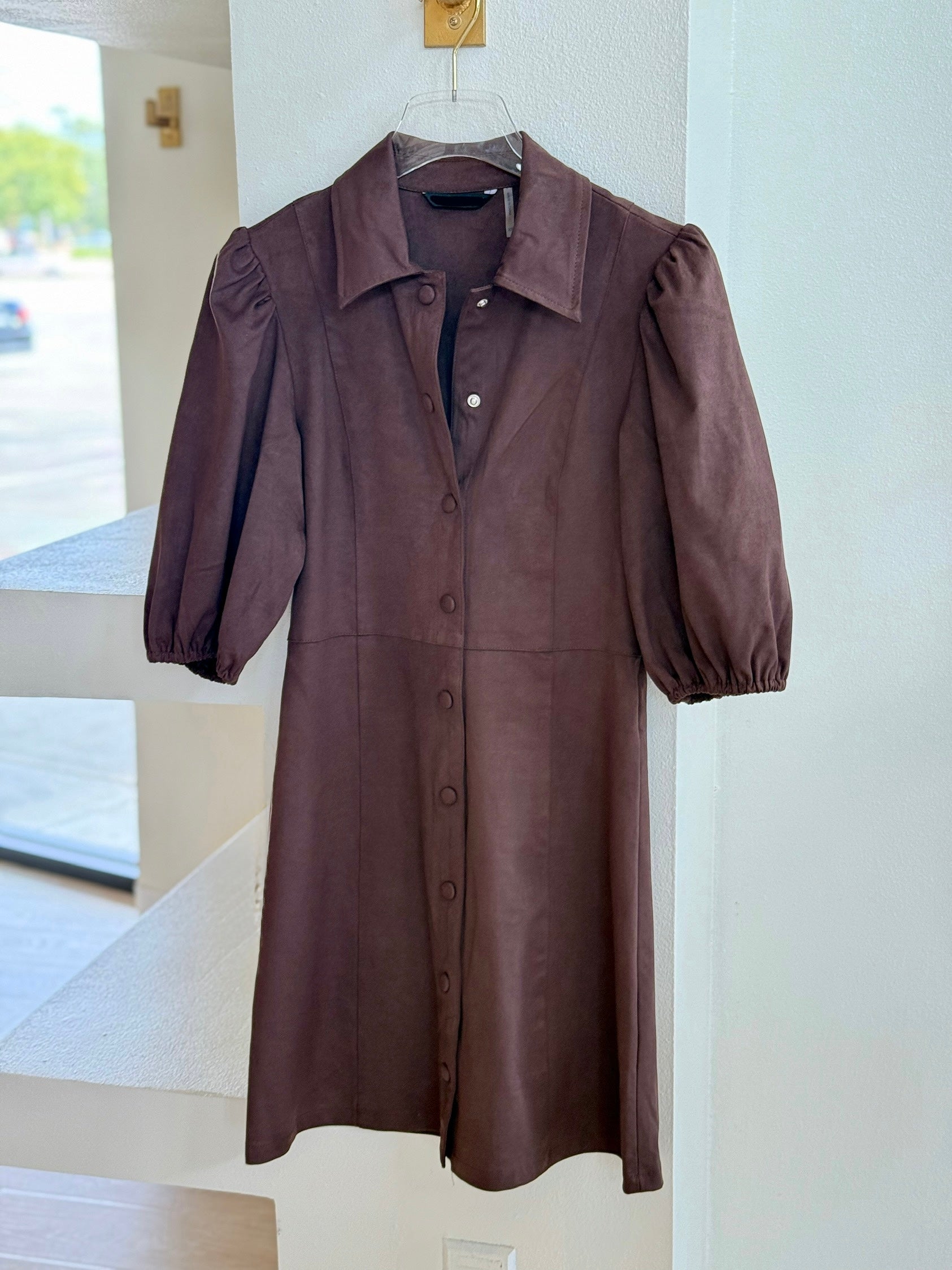 Do76048 Suede Puff Sleeve Dress - Coffee