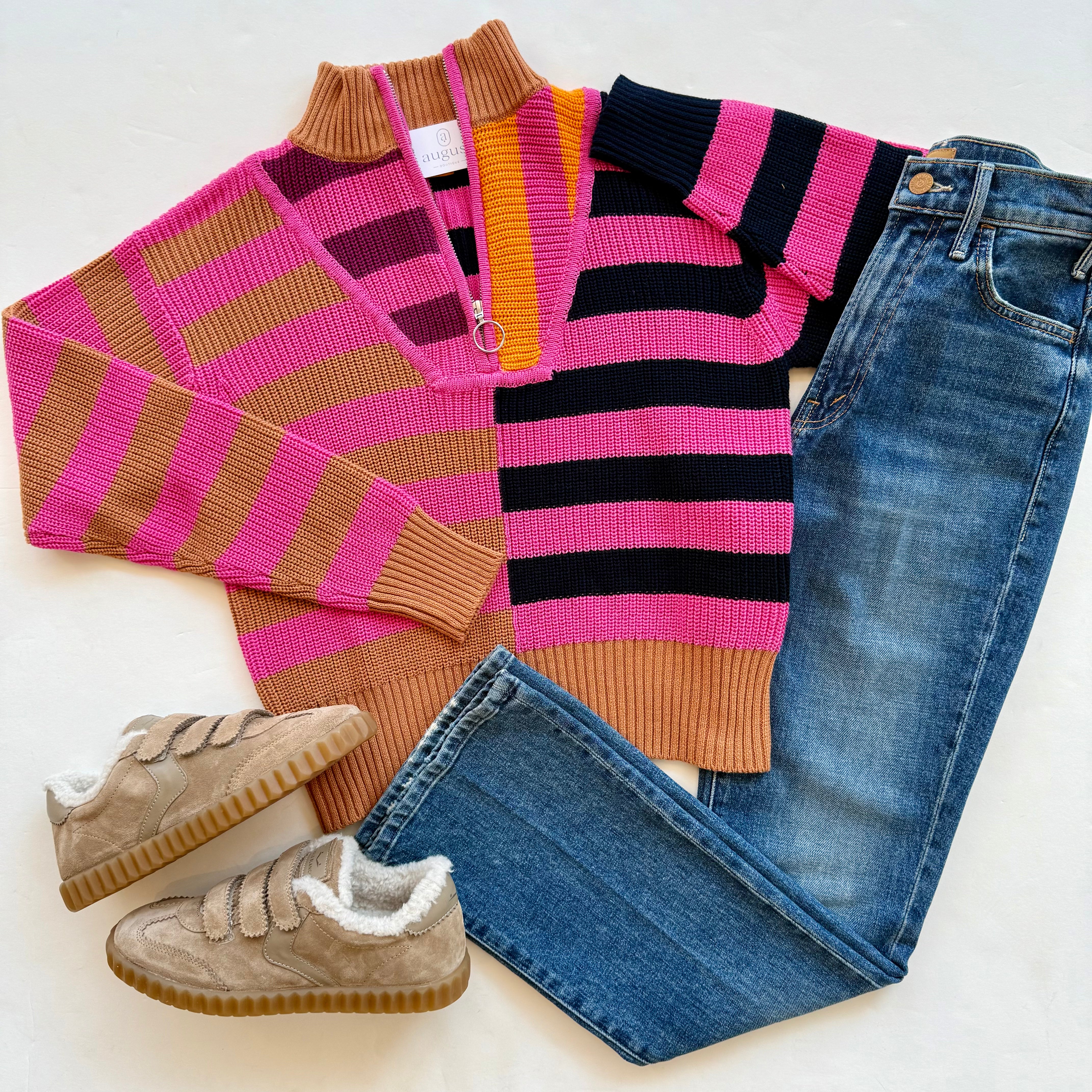 Br8082 Mixed Stripe Half Zip Sweater