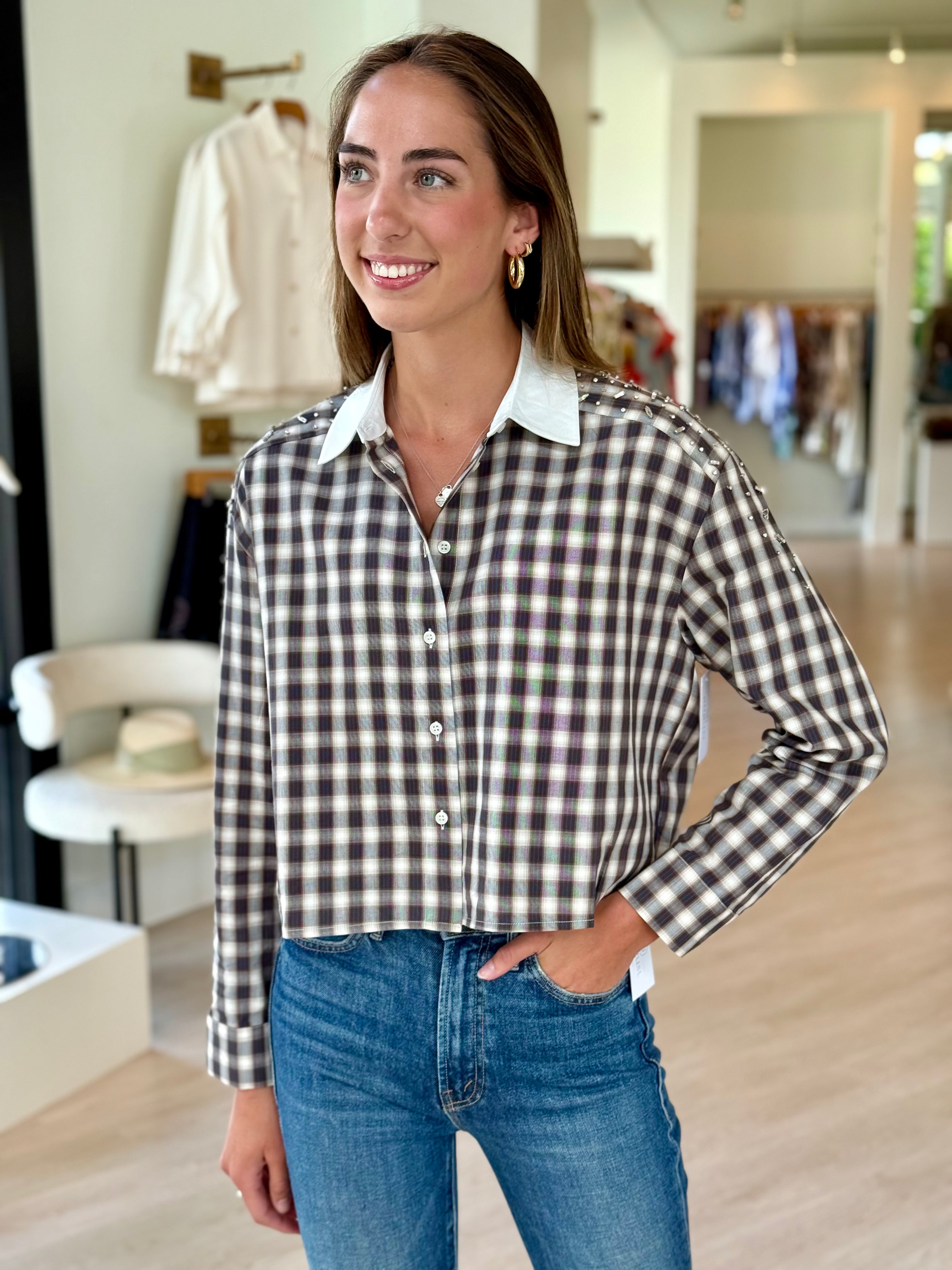Su7213 Gingham Embellished Top