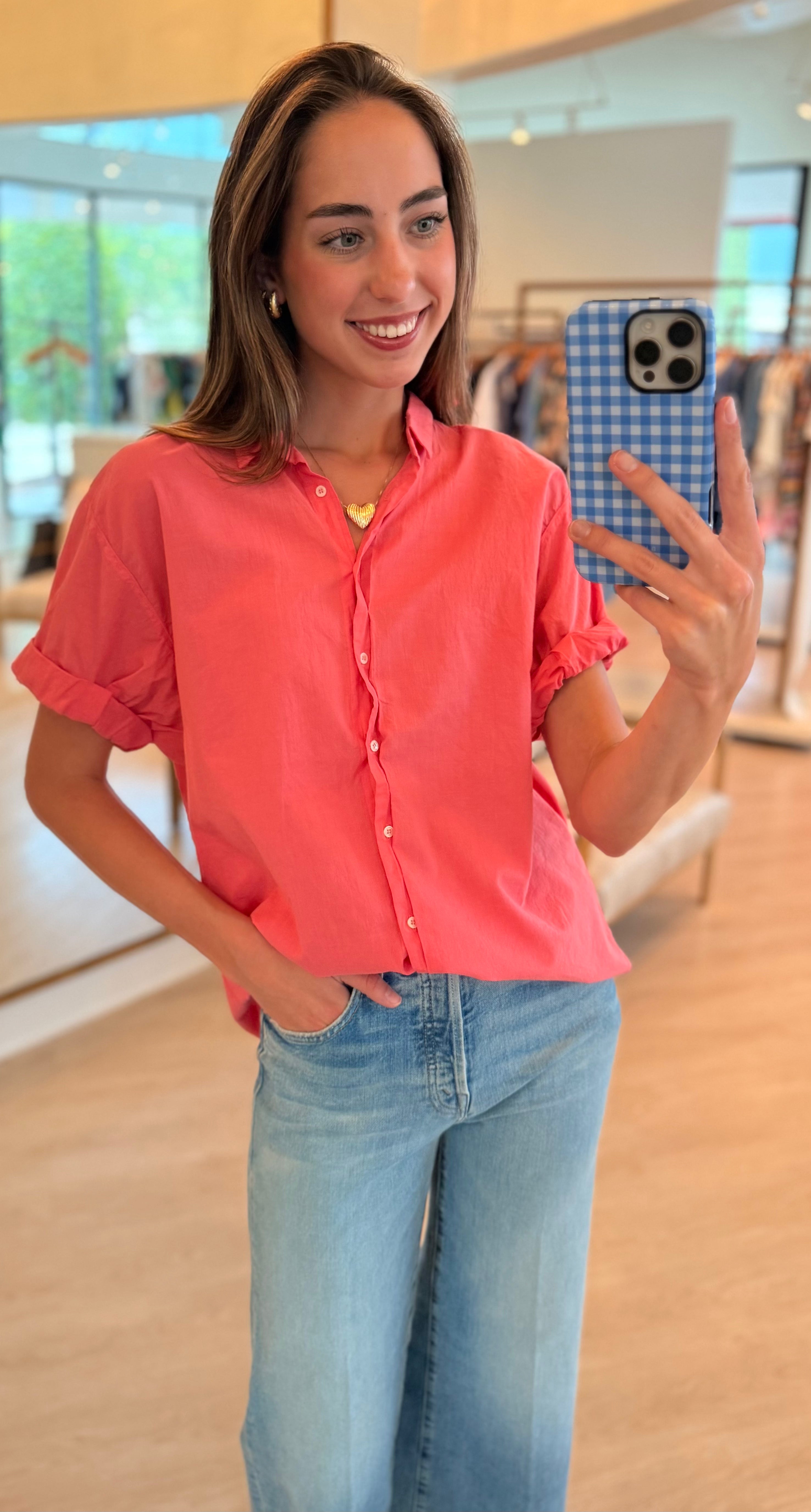Xixctp114 Coral Button Down Top