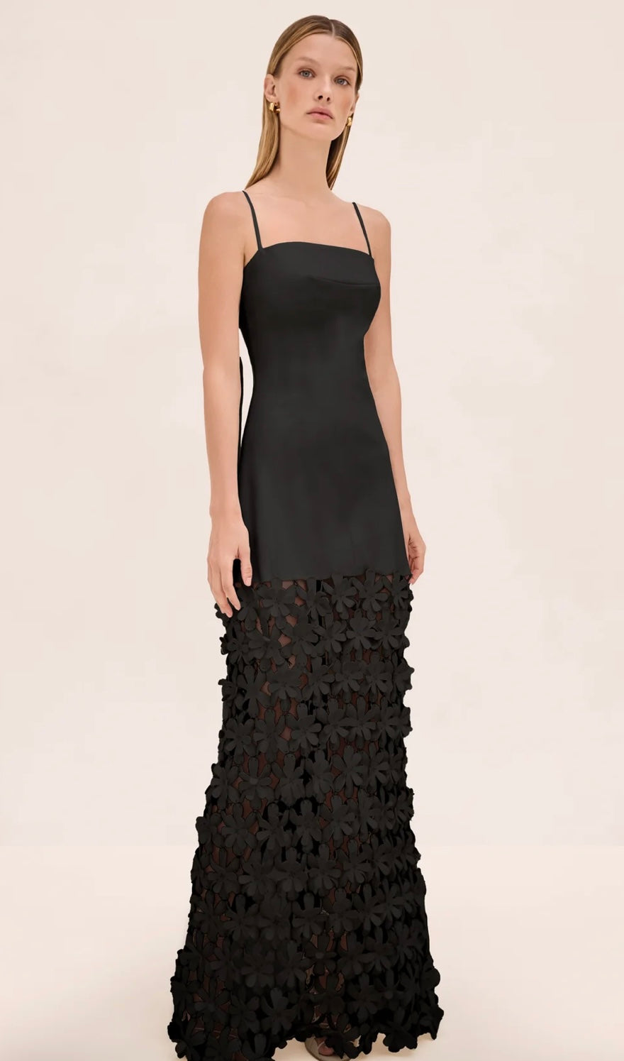 Almagda Black Appliqué Long Dress