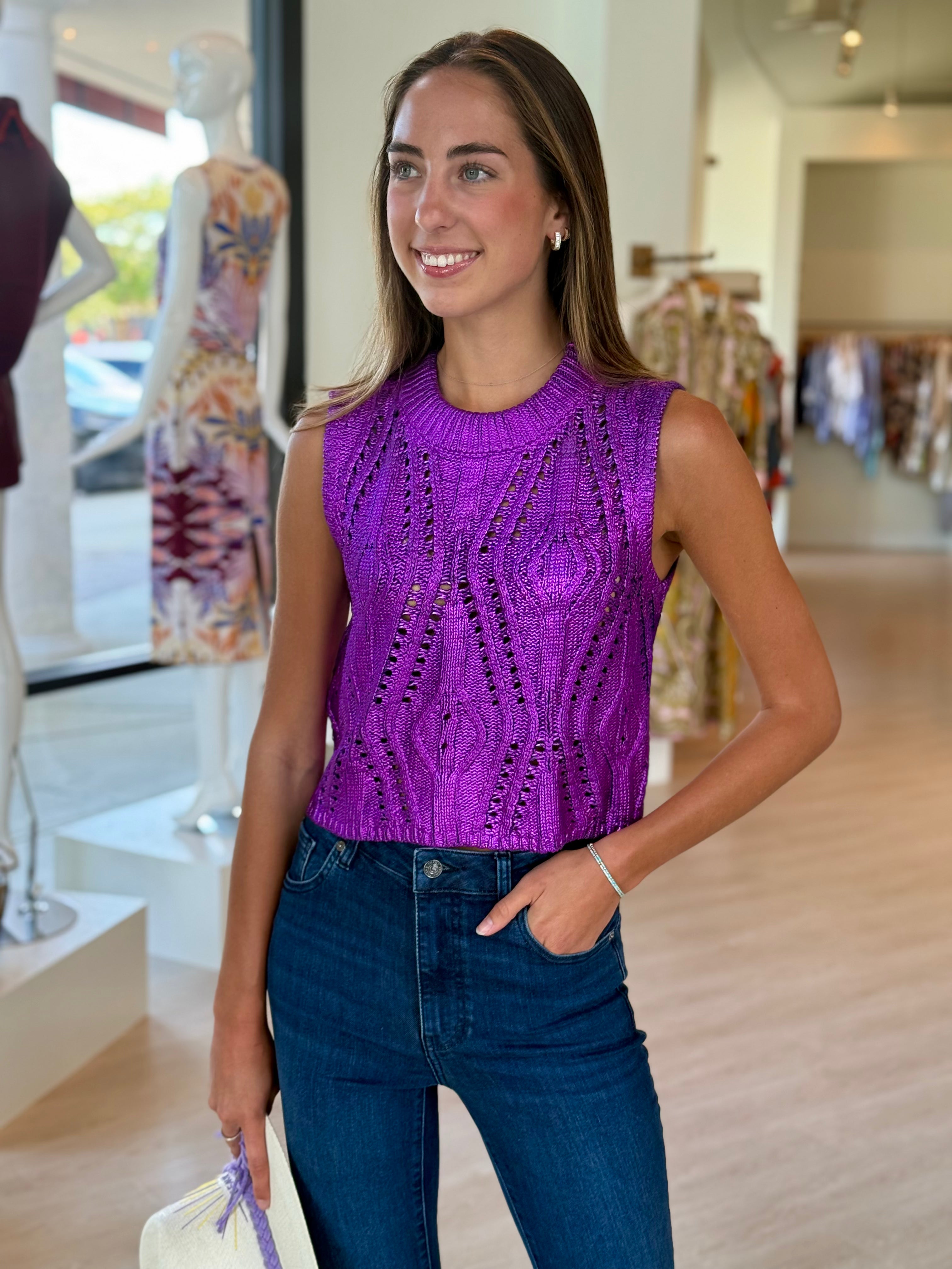 Ma572 Metallic Purple Sleeveless Sweater