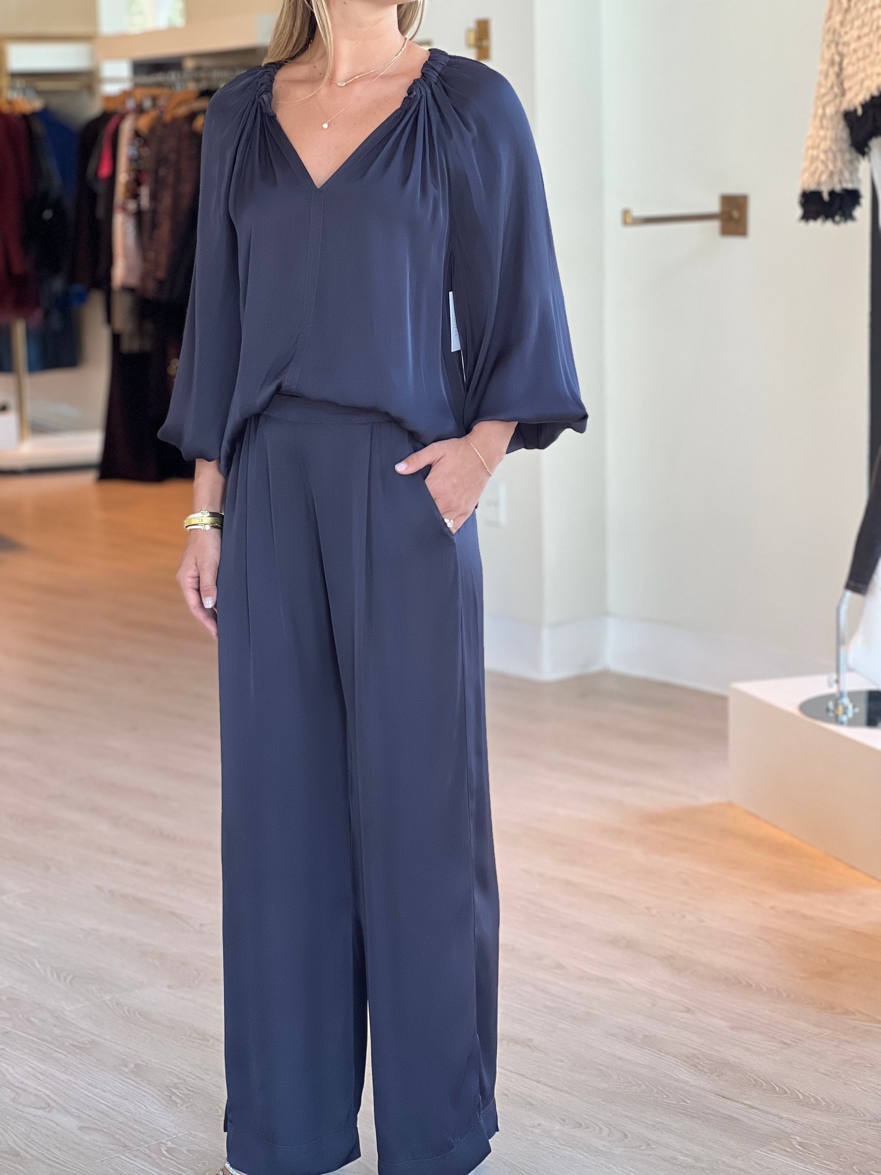 Velivi Velvet Navy Satin Wide Leg Pant