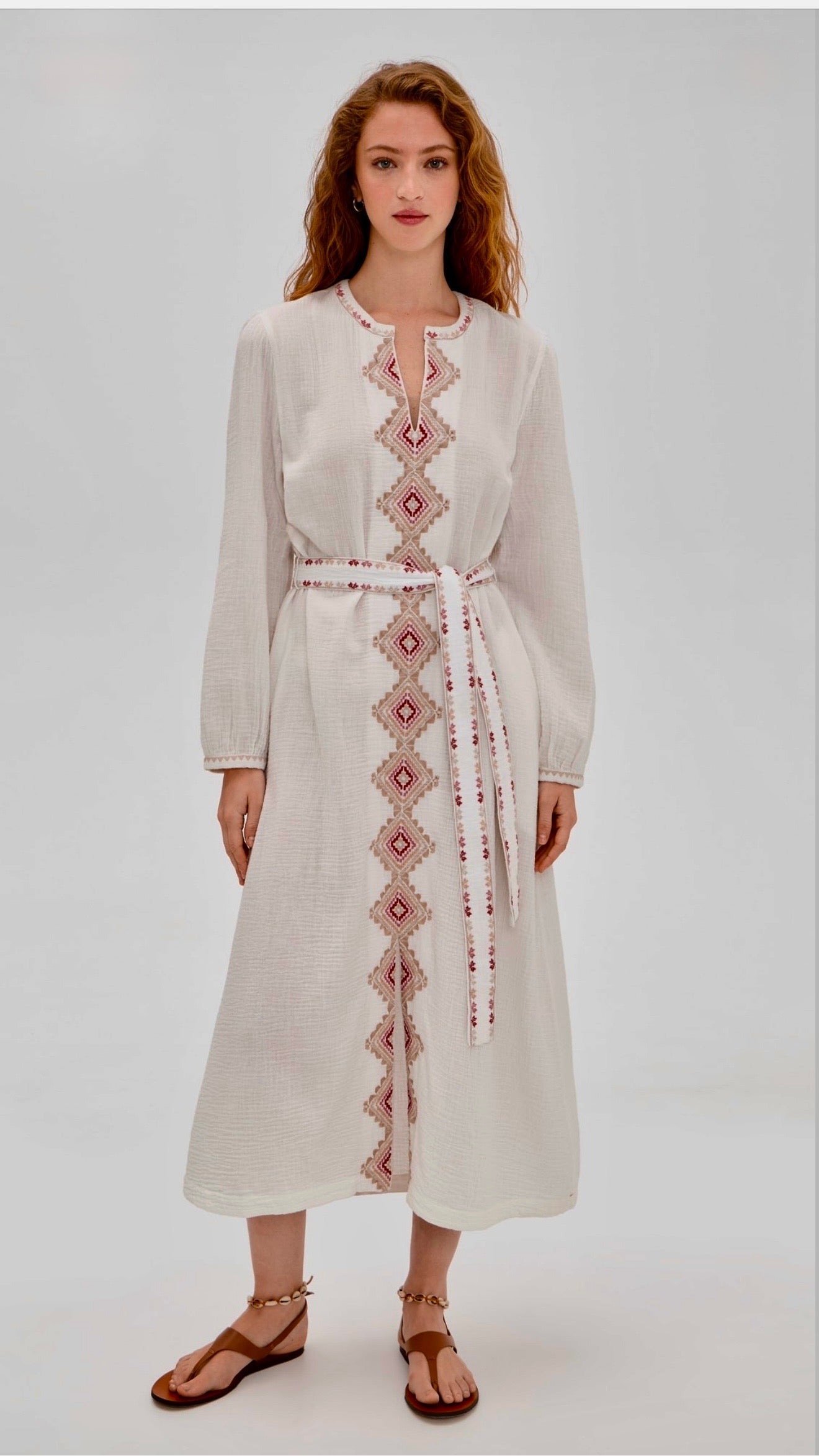 Xixg045 Embroidered Gauze Midi Dress