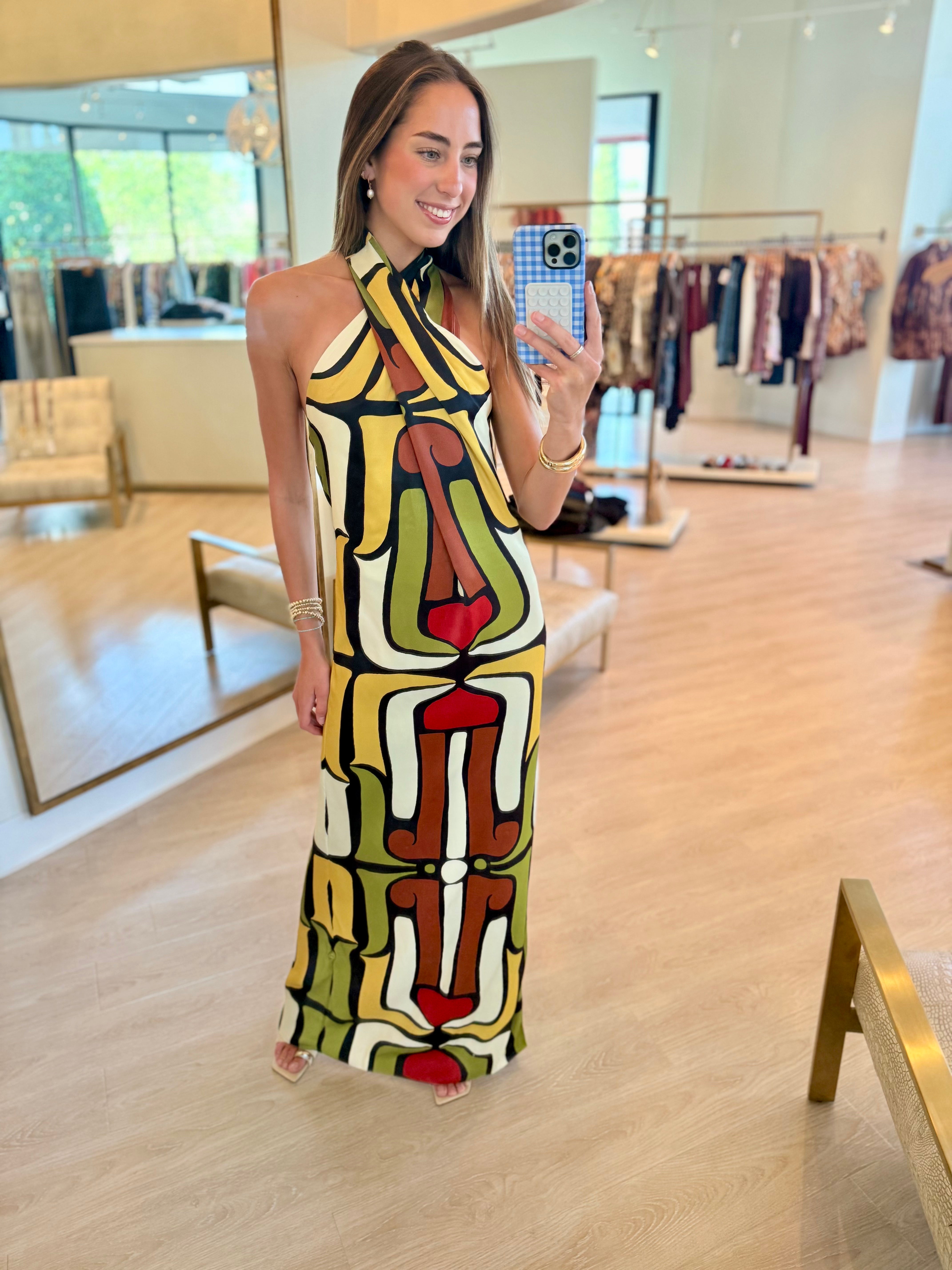 Cae569 Tropical Halter Maxi Dress