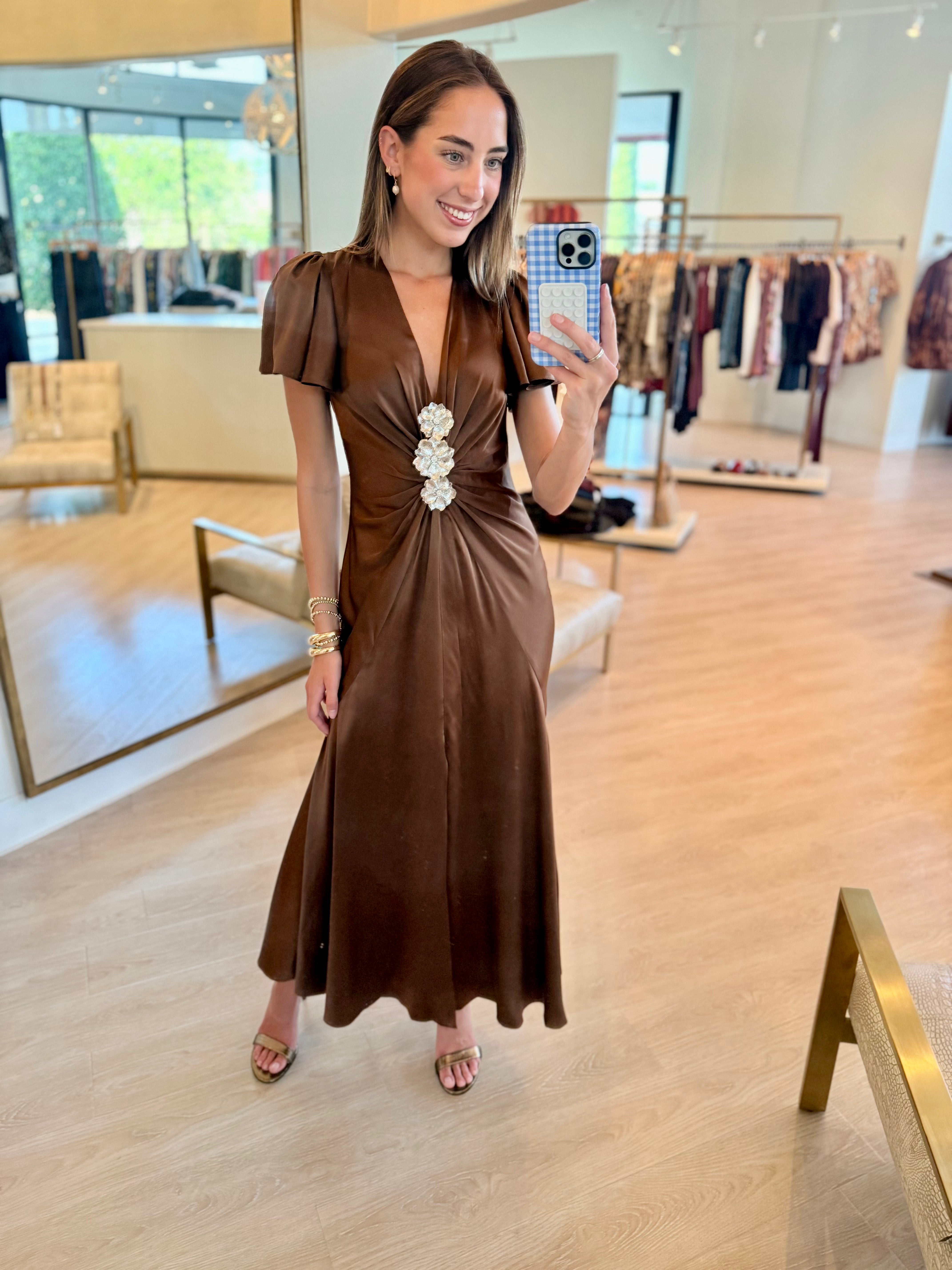 Cizd3234 Brown Silk Midi Dress
