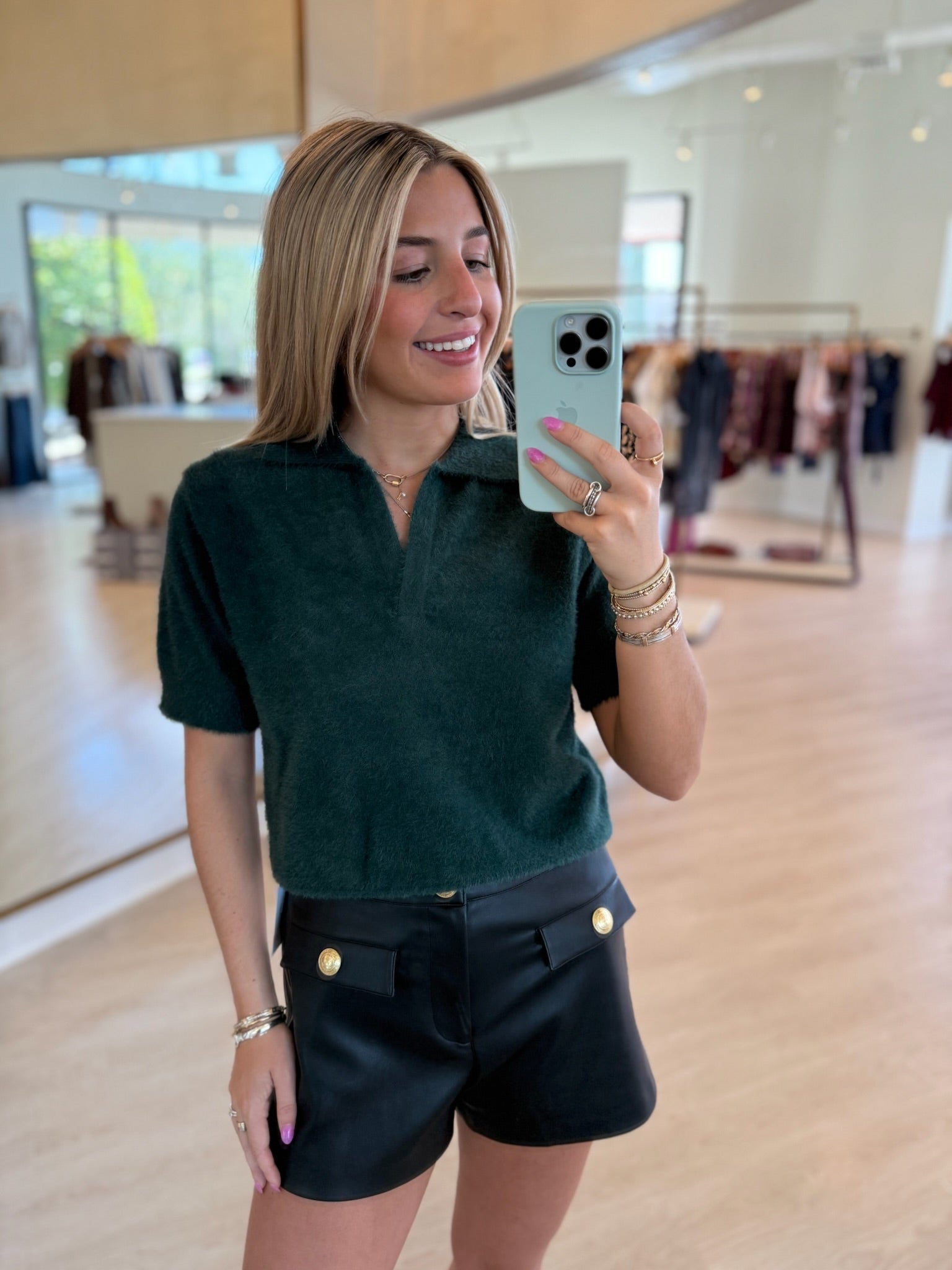 Ank021 Green Fuzzy Polo Top