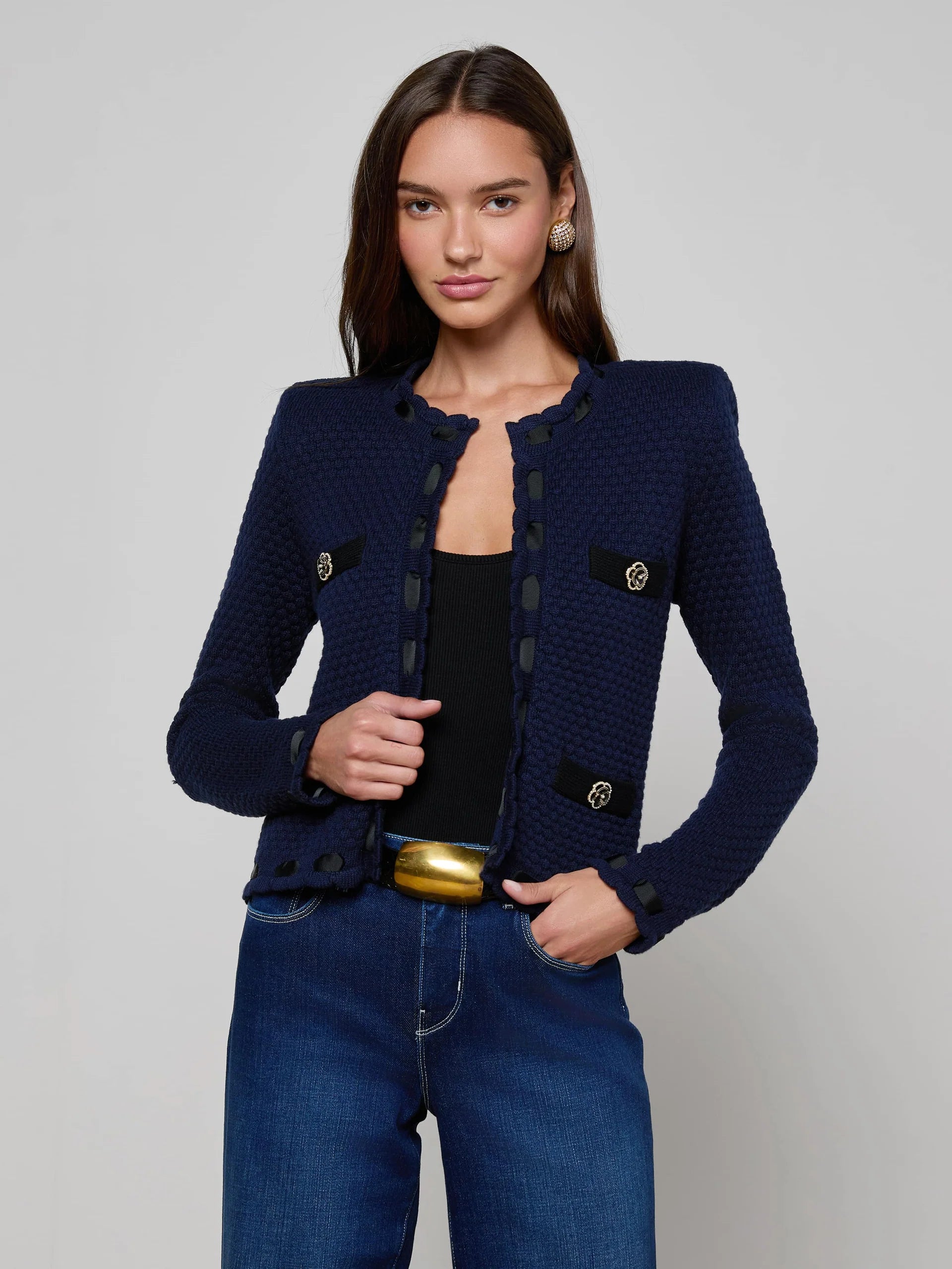 La80031 Contrast Trim Cardigan