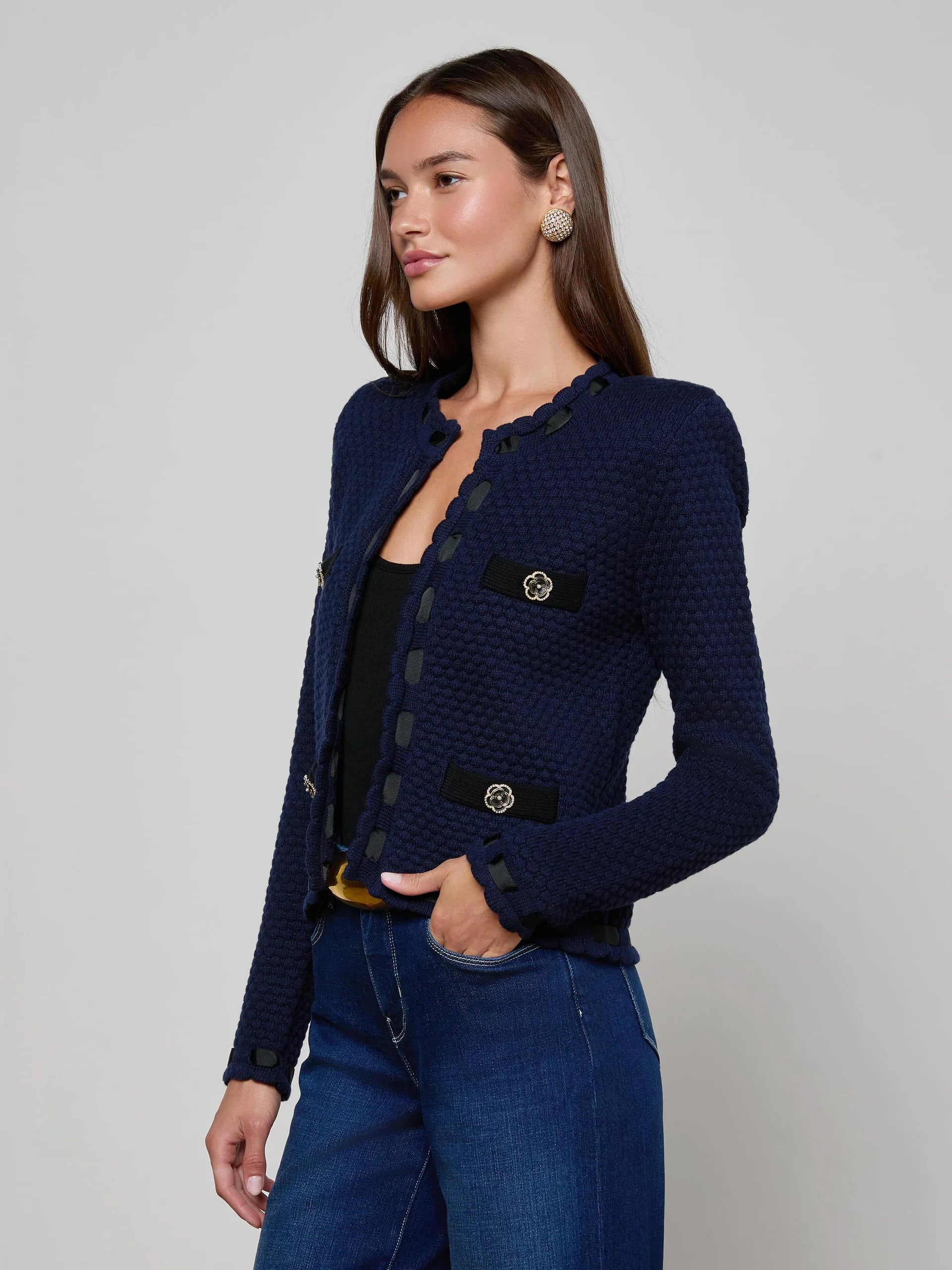 La80031 Contrast Trim Cardigan