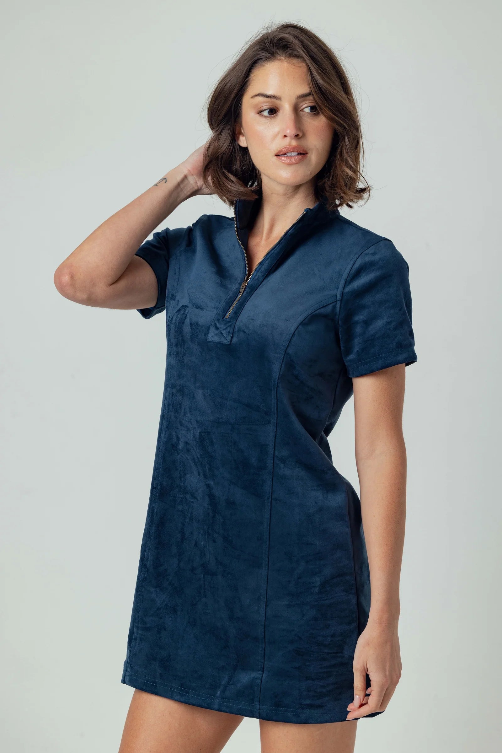 Su165 Navy Suede Shirt Dress