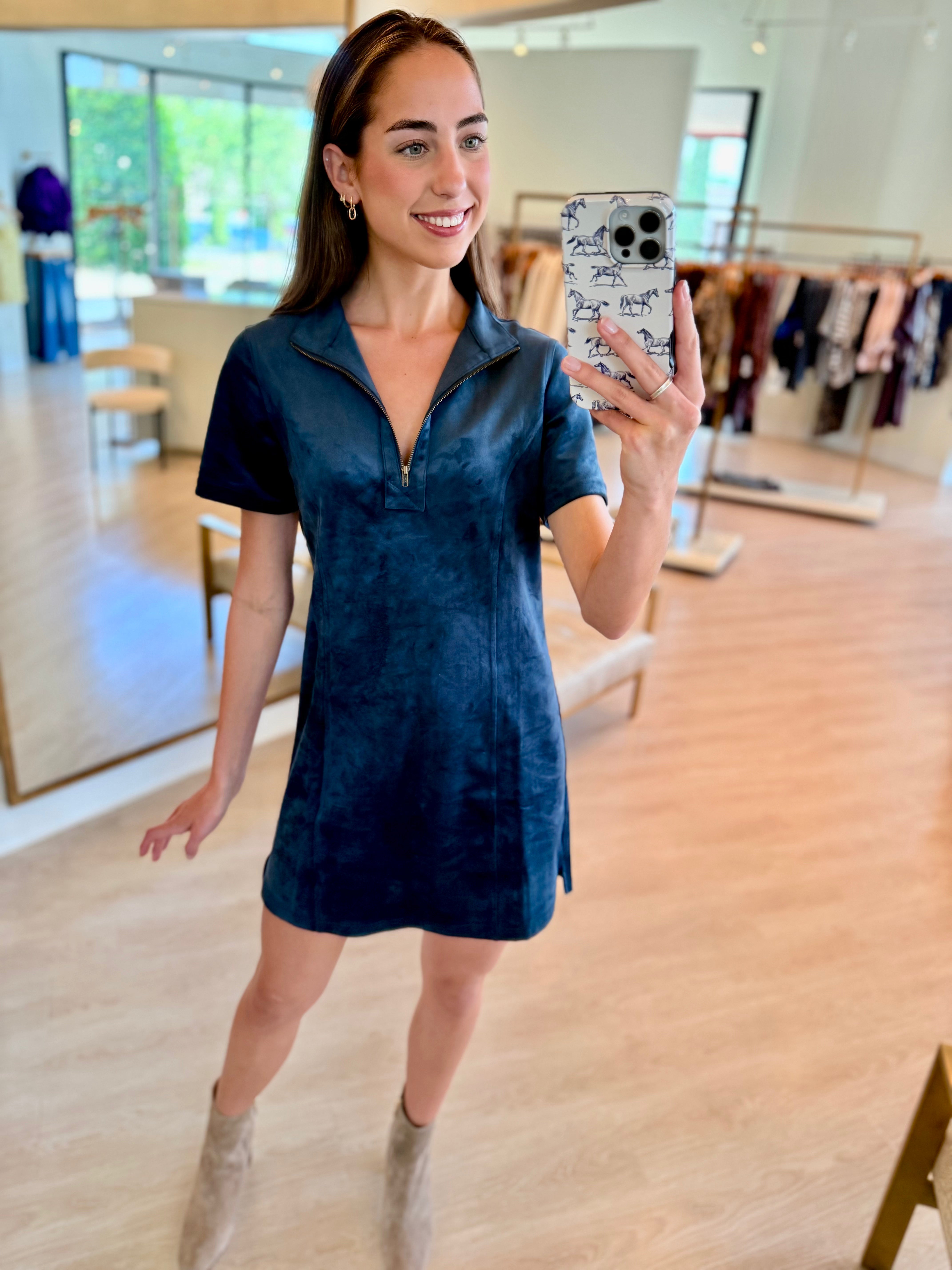 Su165 Navy Suede Shirt Dress