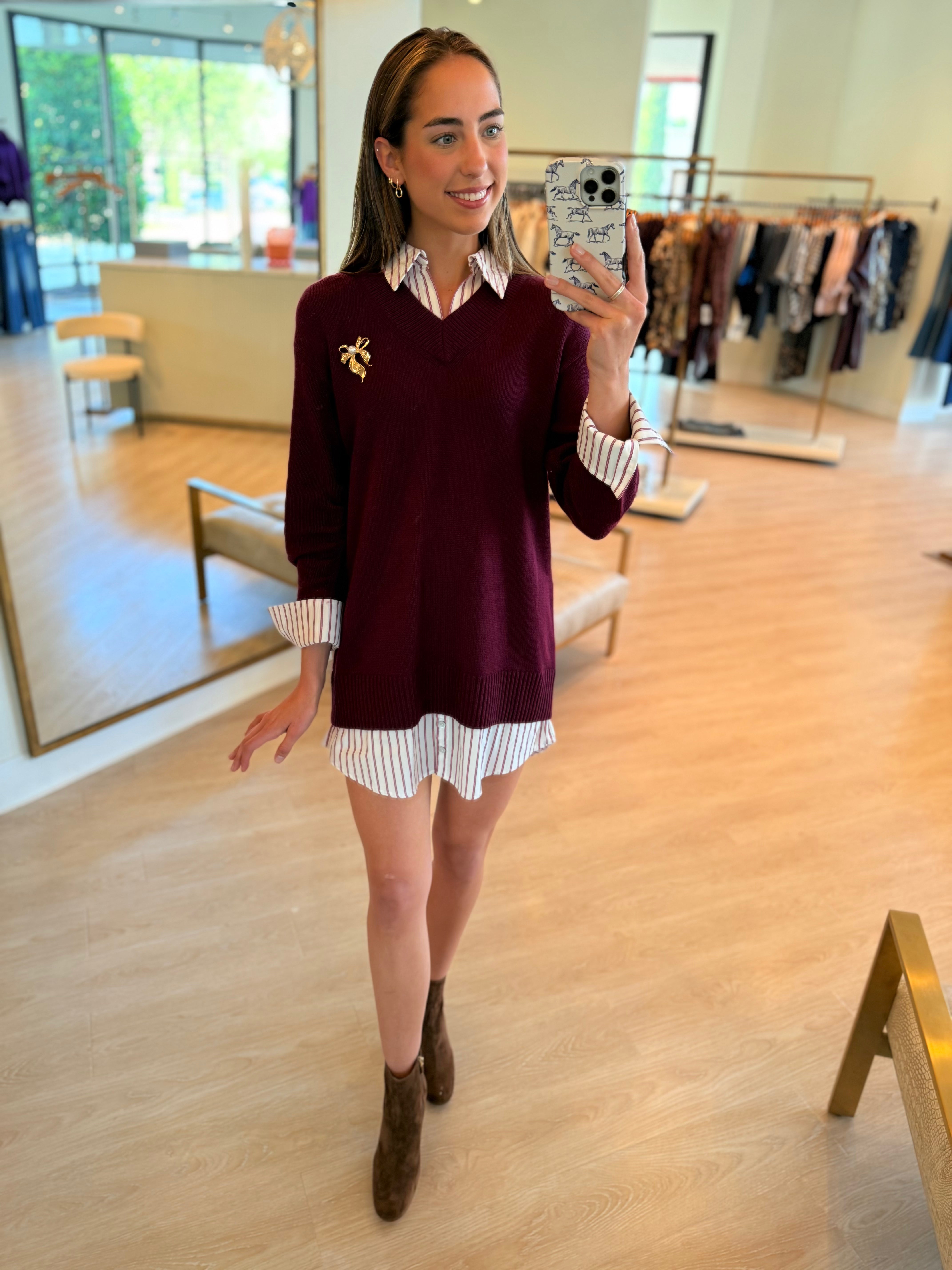 Cizk2909 Bordeaux Layered Sweater Dress
