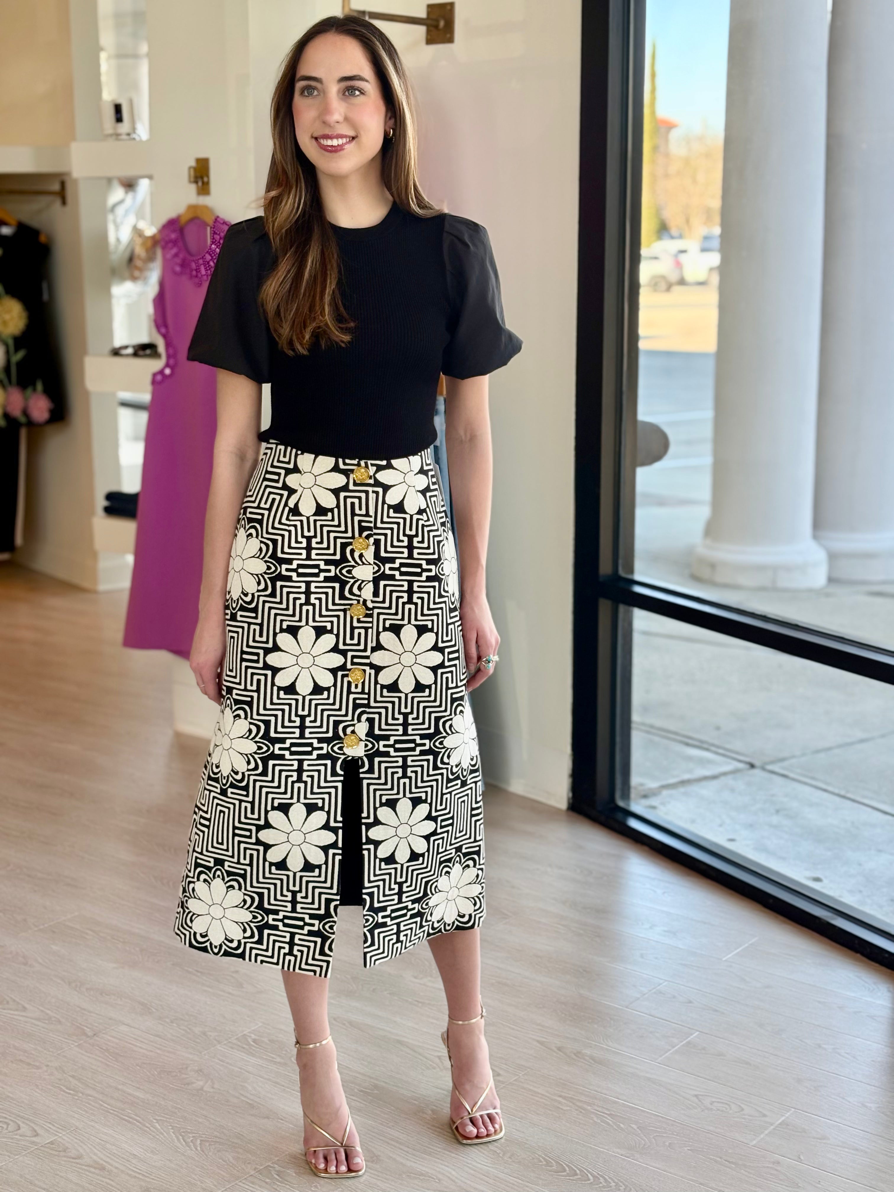 Sm26018 Black Floral Midi Skirt