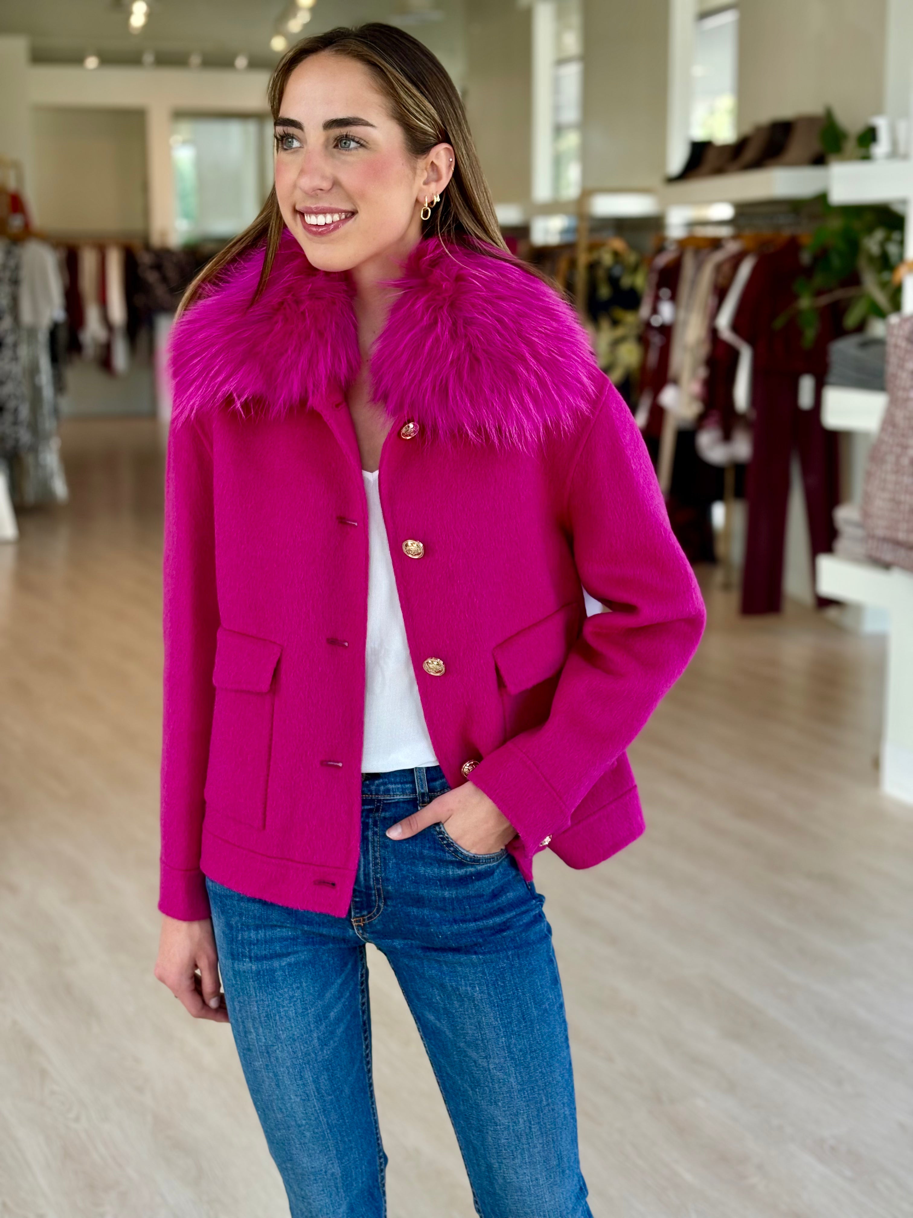 Pi6308 Hot Pink Fur Bomber Jacket