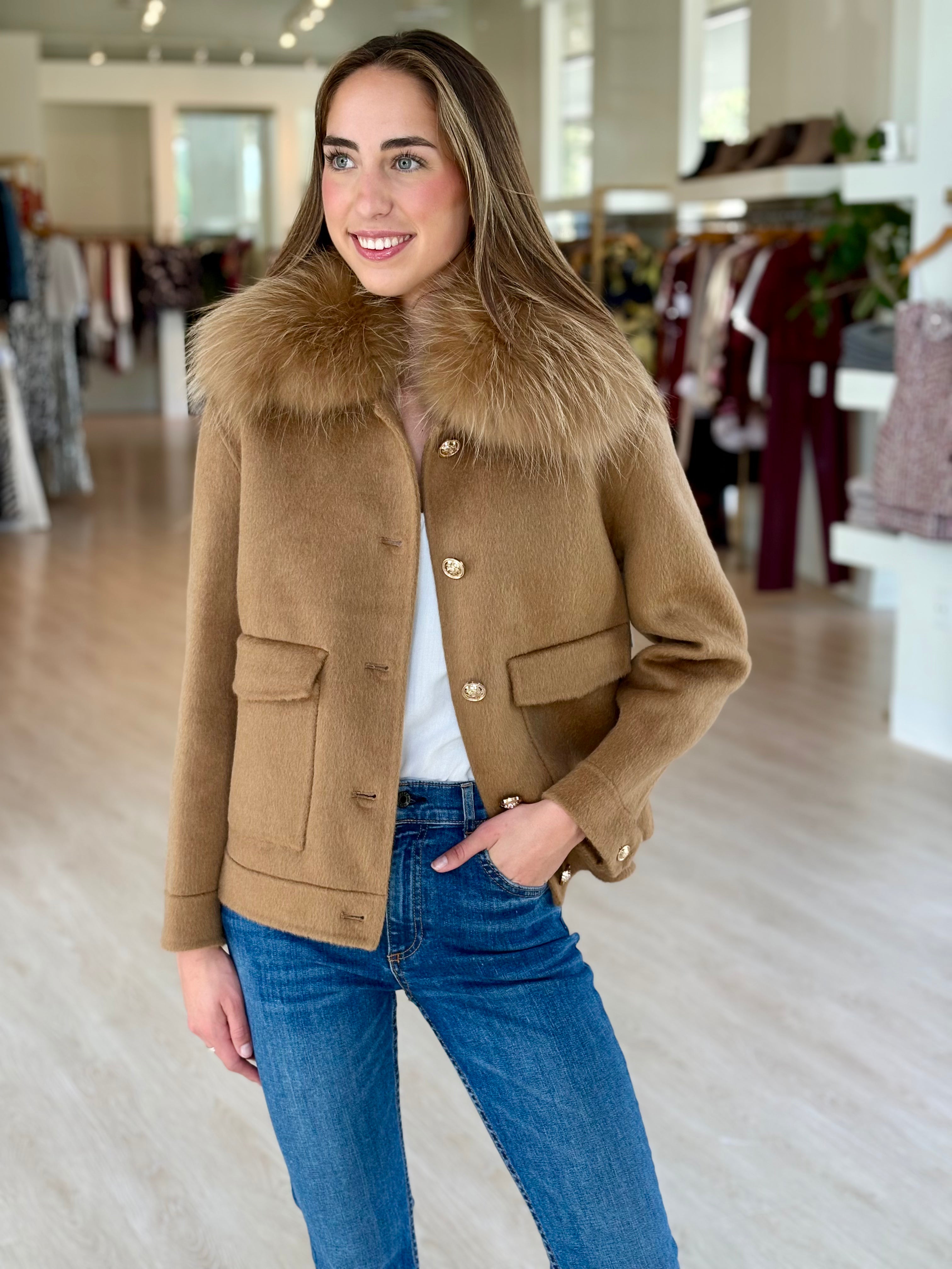 Pi6308 Camel Fur Bomber Jacket