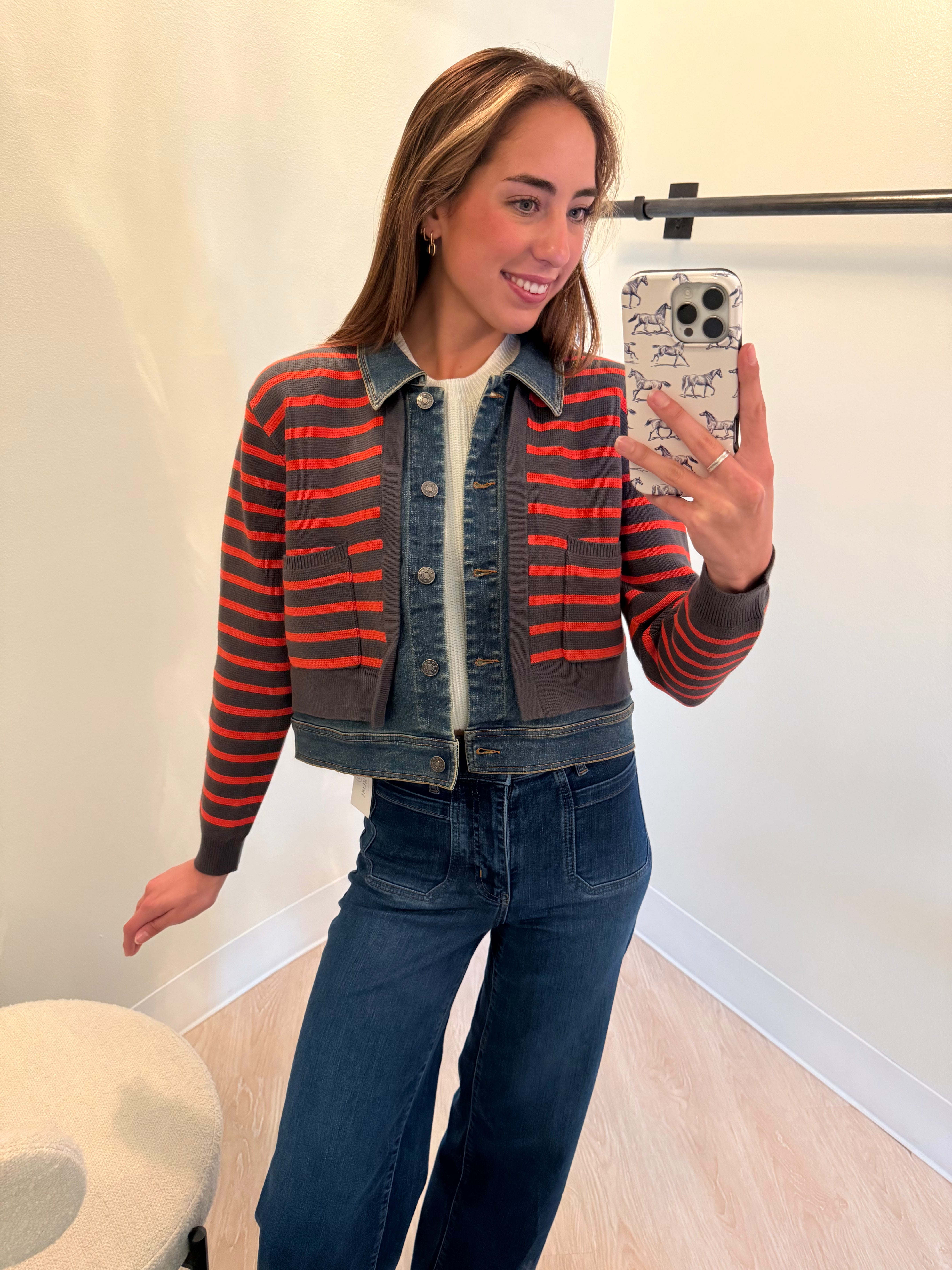 Js22045 Stripe Denim Trim Jacket - Grey/Red