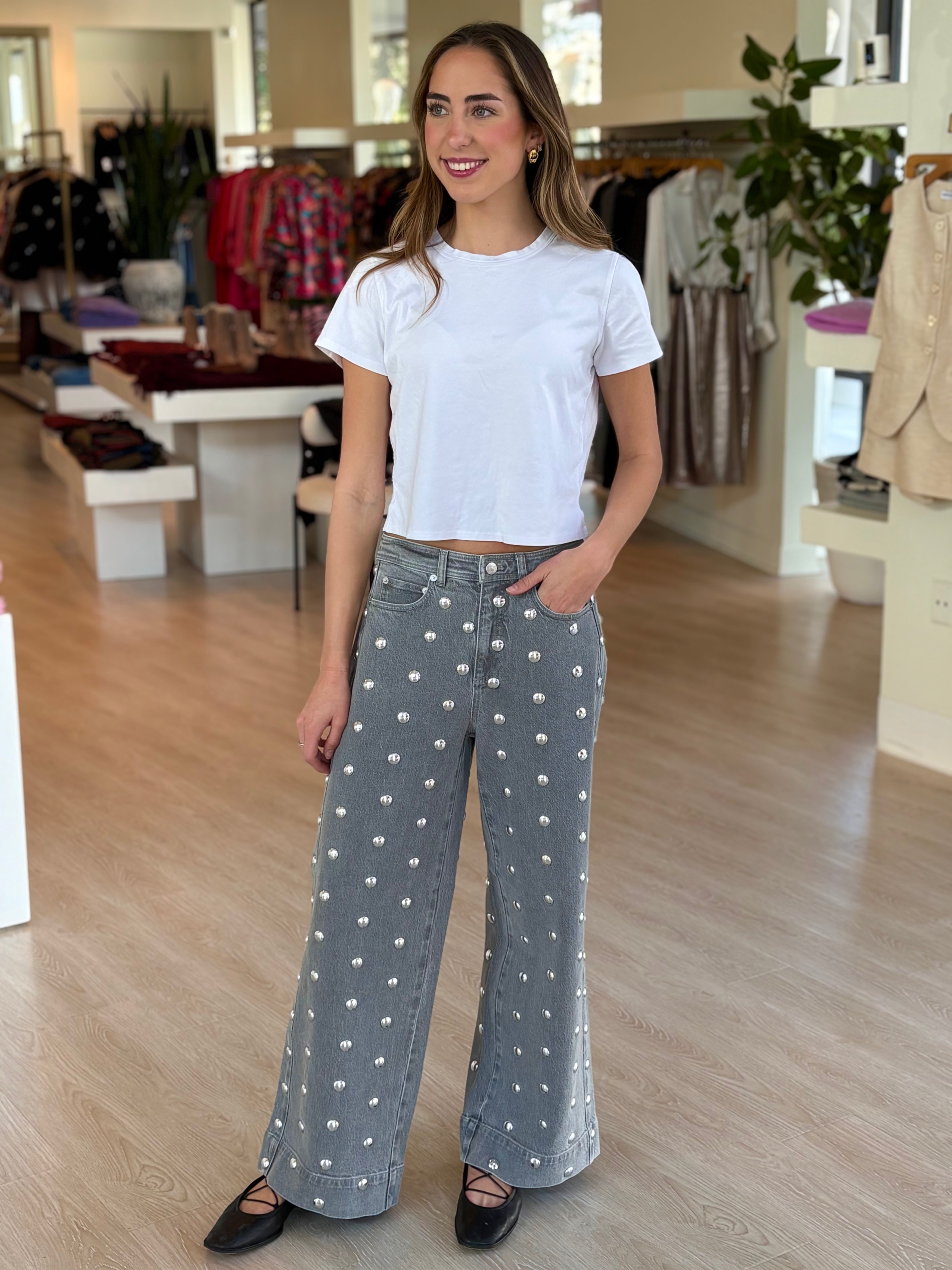 Ci10477 Studded Flare Ankle Jean