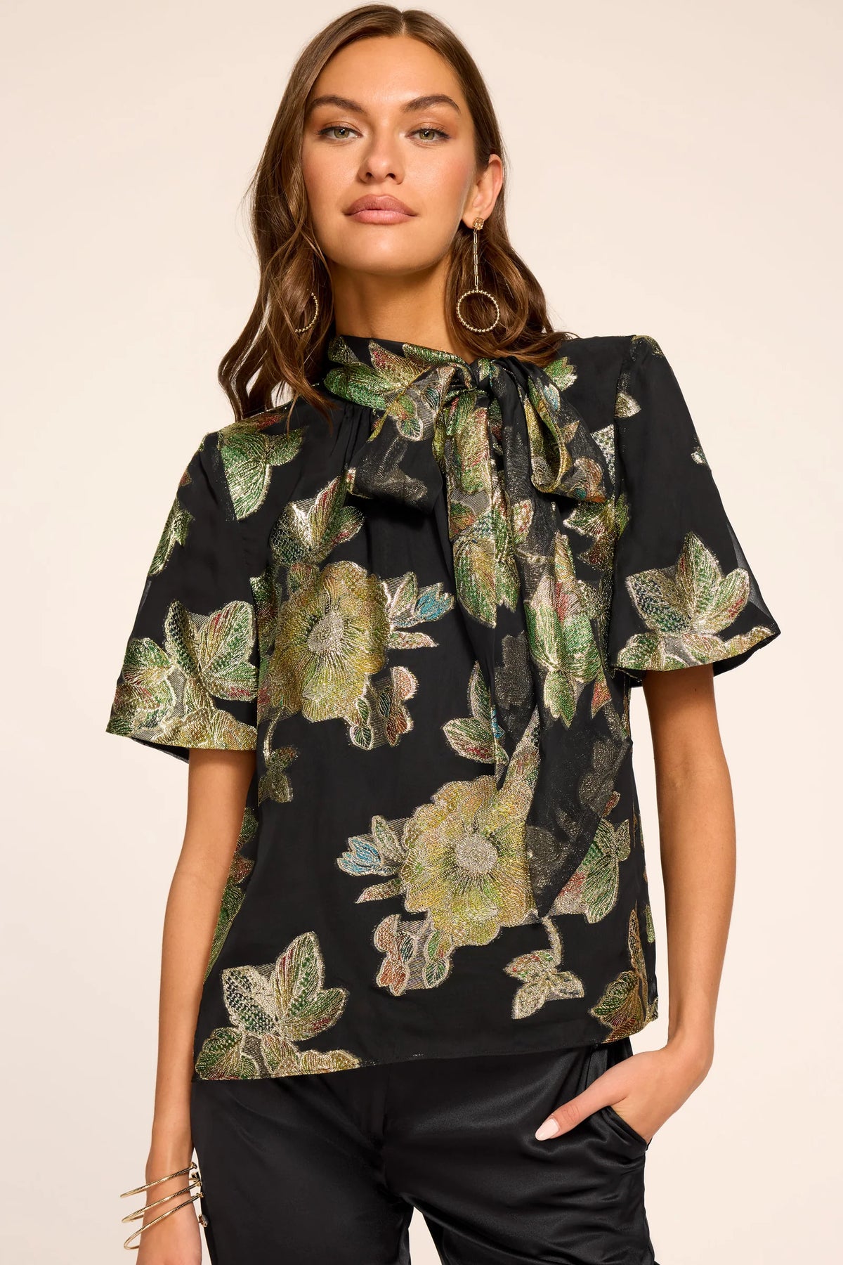 Raa2082 Metallic Floral Tie Neck Top