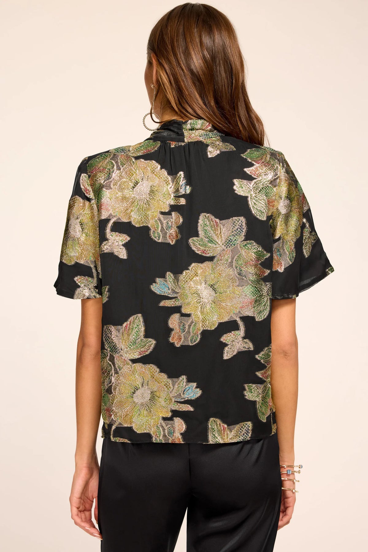 Raa2082 Metallic Floral Tie Neck Top