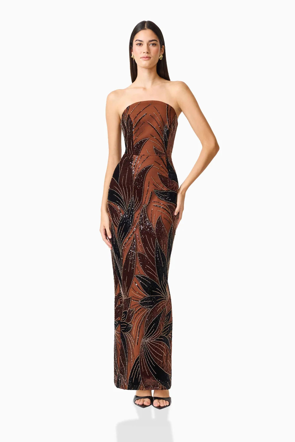El2630 Brown Strapless Beaded Gown