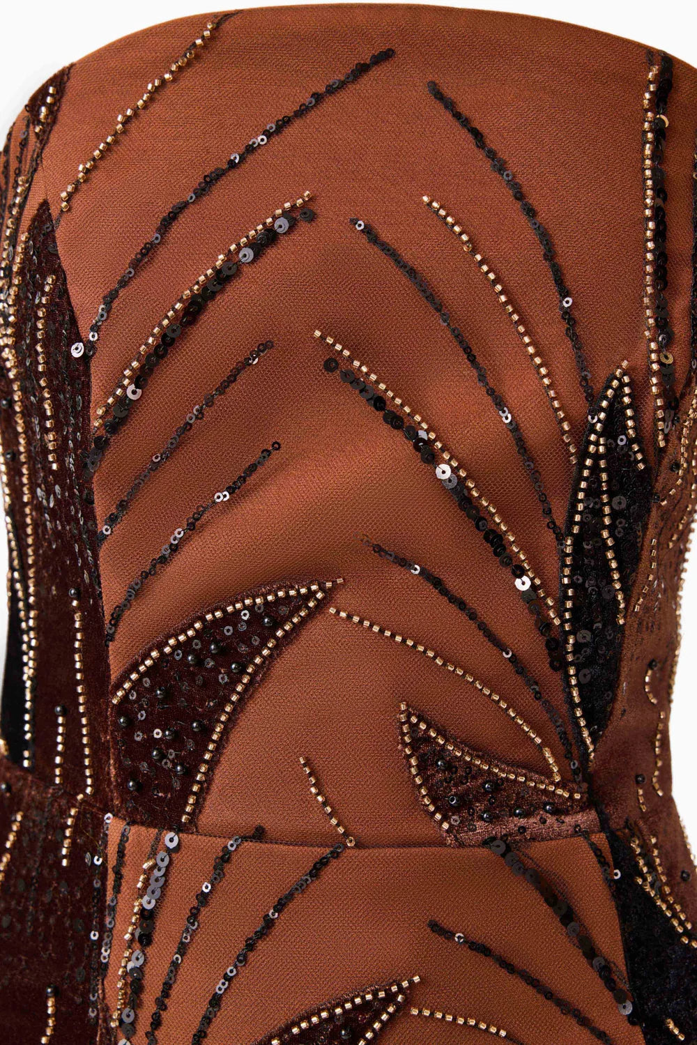 El2630 Brown Strapless Beaded Gown