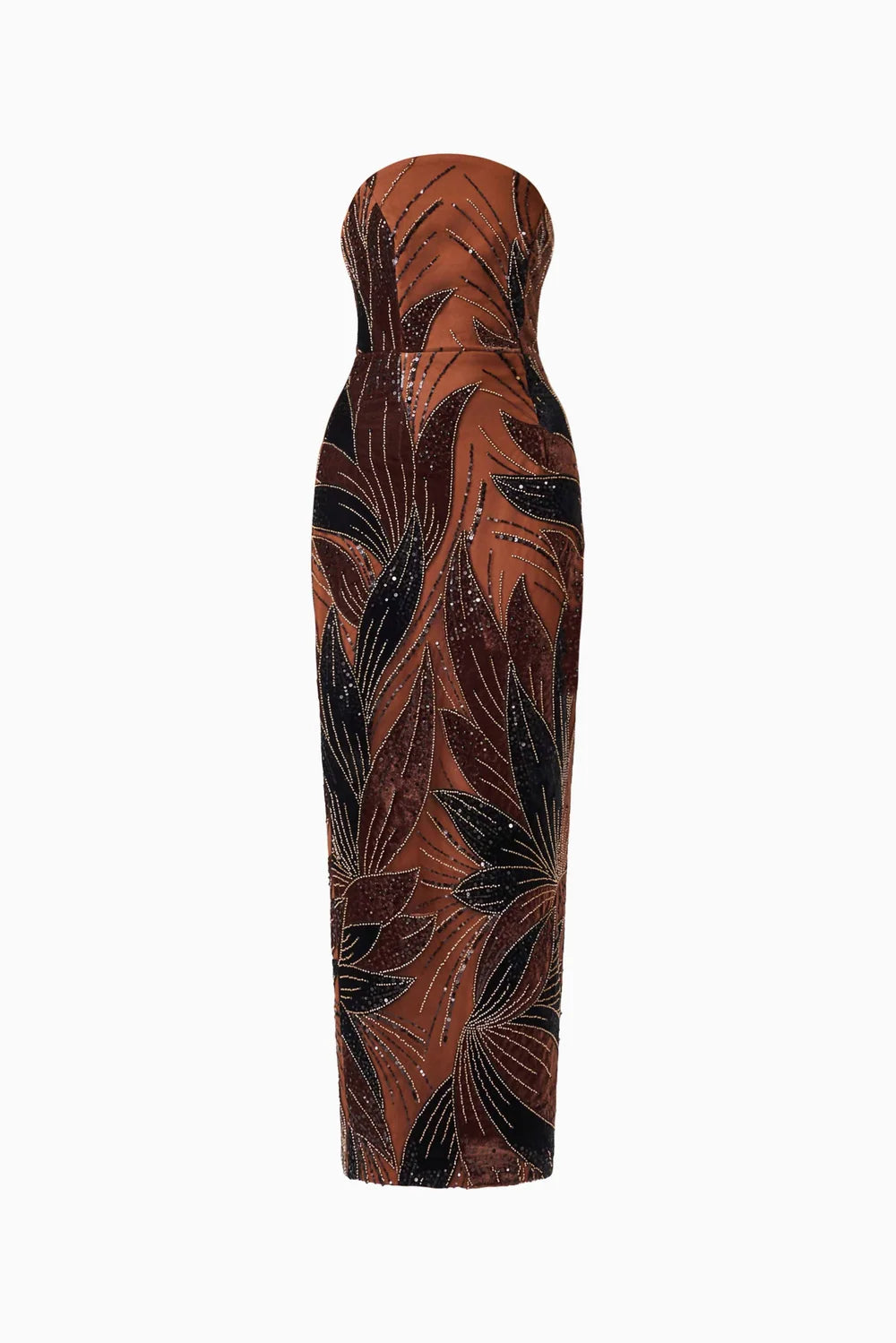 El2630 Brown Strapless Beaded Gown