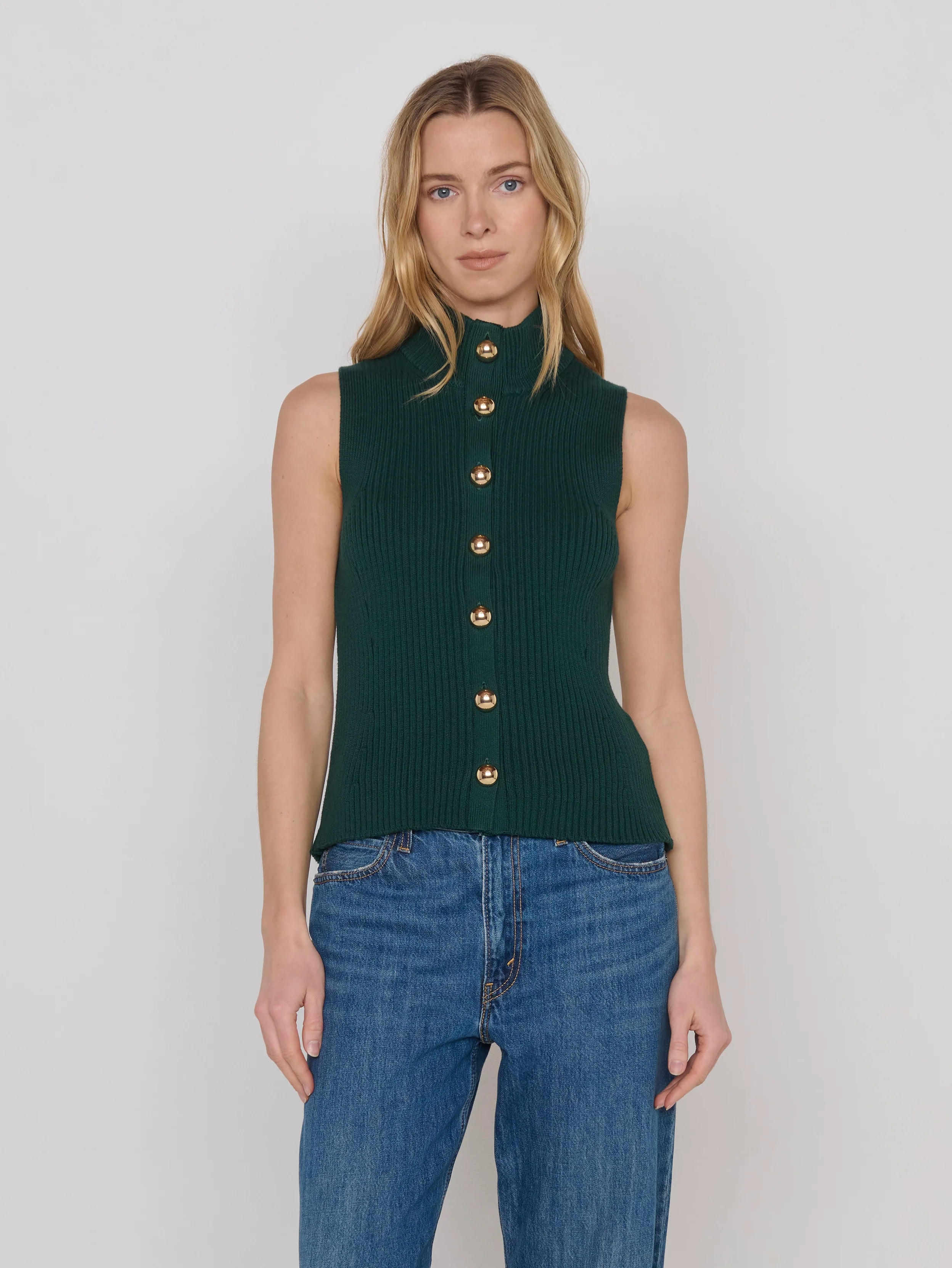NA91100 Green Sleeveless Button Sweater