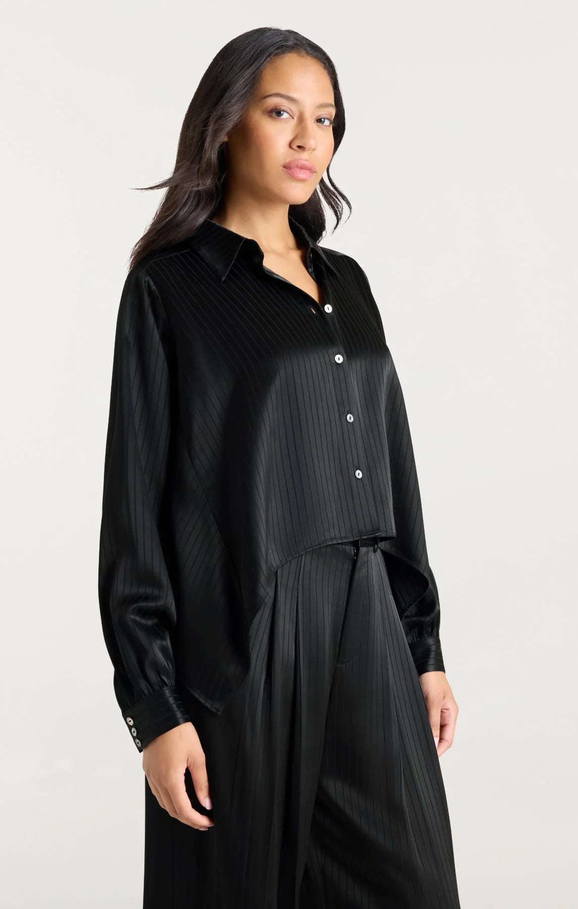 Ci10379 Black Satin Stripe Blouse