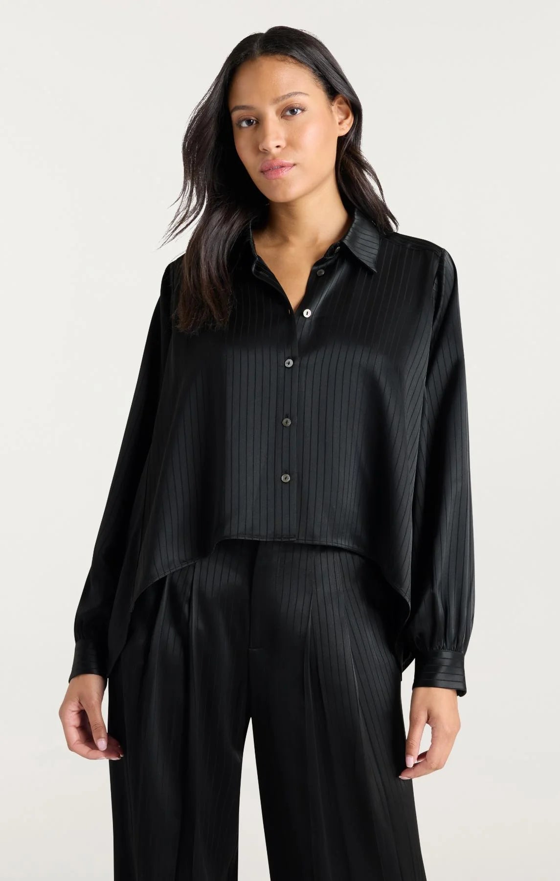 Ci10379 Black Satin Stripe Blouse