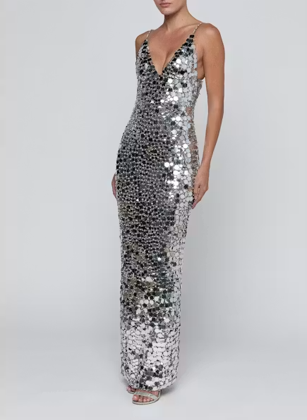 La61833 Silver Deep V Sequin Gown