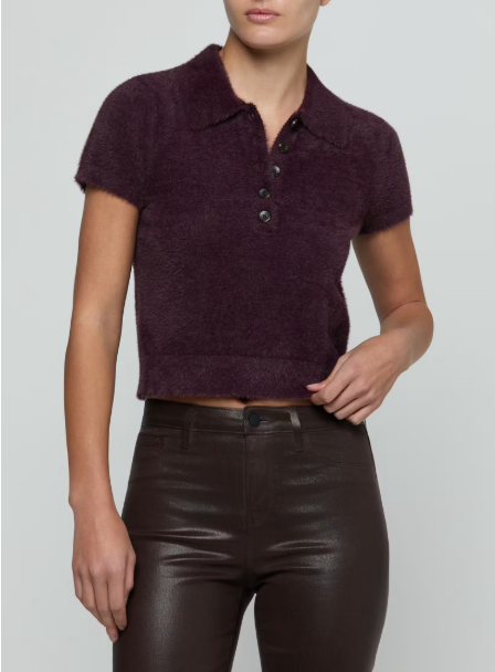 La80222 Fuzzy Crop Polo Top - Plum