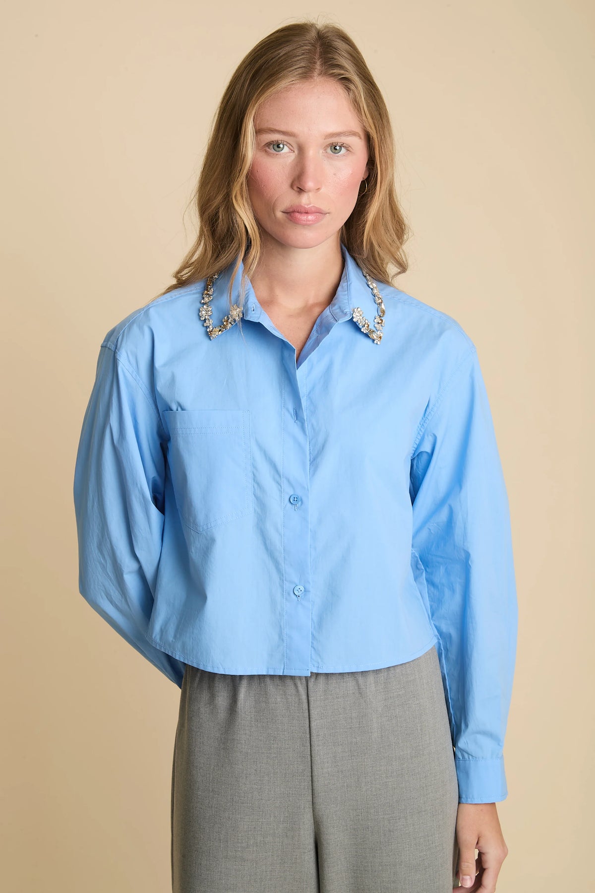 Su130 Embellished Collar Top - Blue