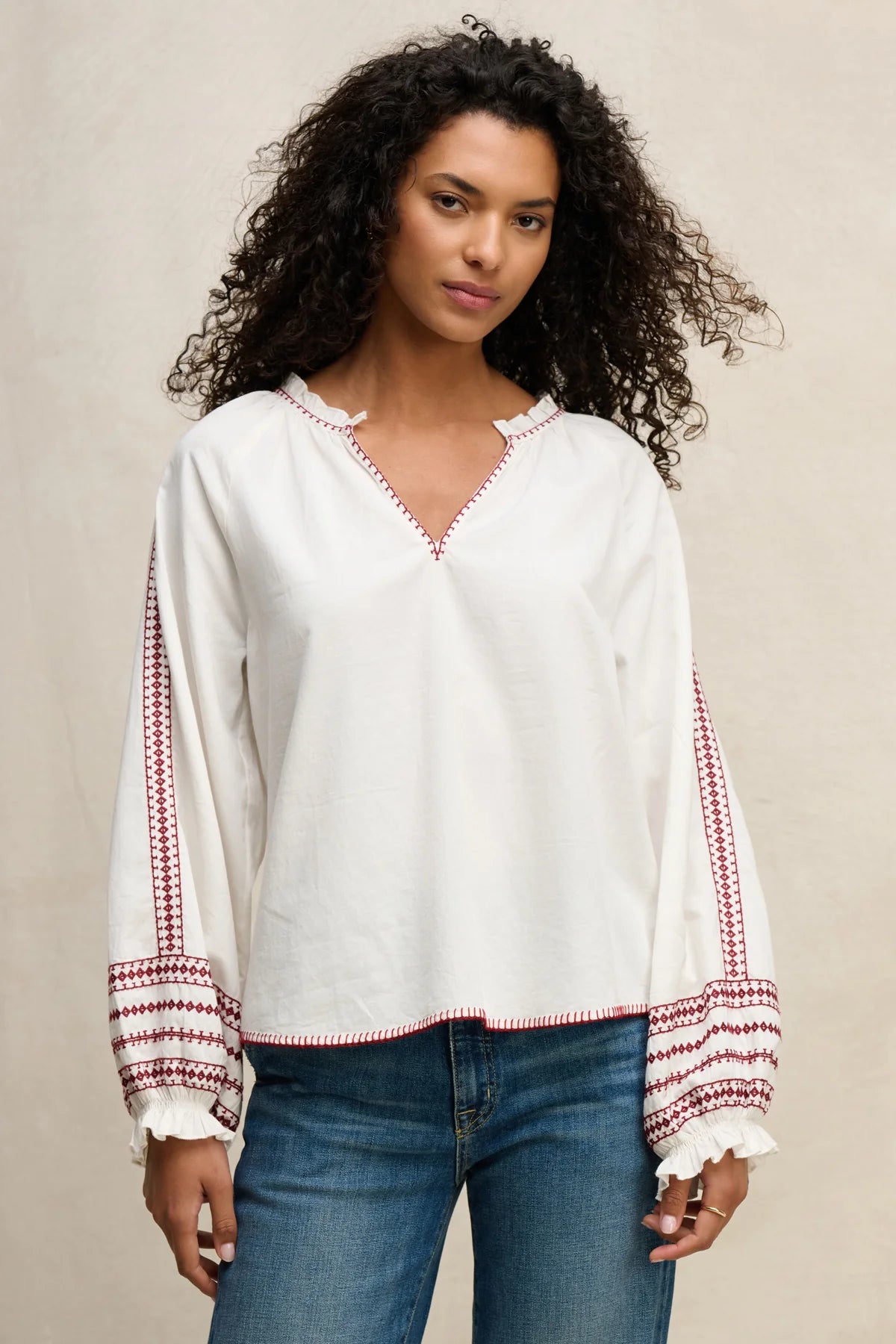 Vescarlett Embroidered Puff Sleeve Top