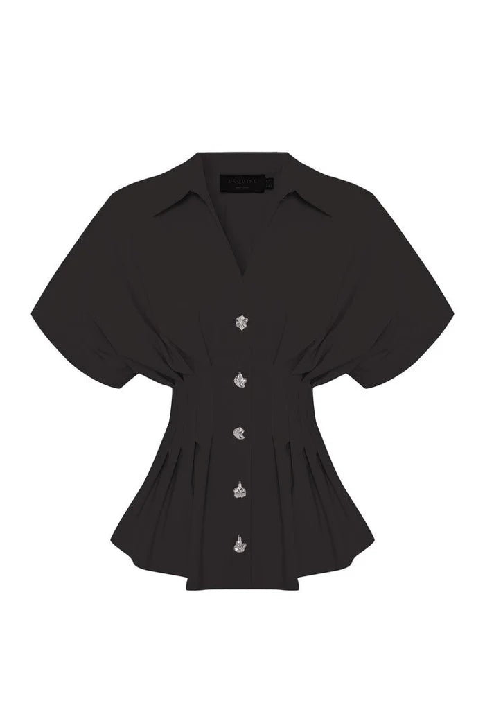 Ex5208 Pleated Waist Button Up Top