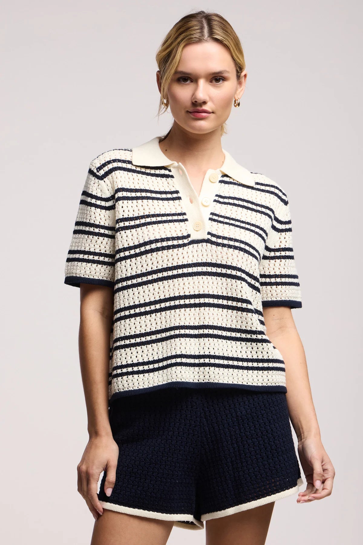 Volumae Navy Stripe Knit Polo Top