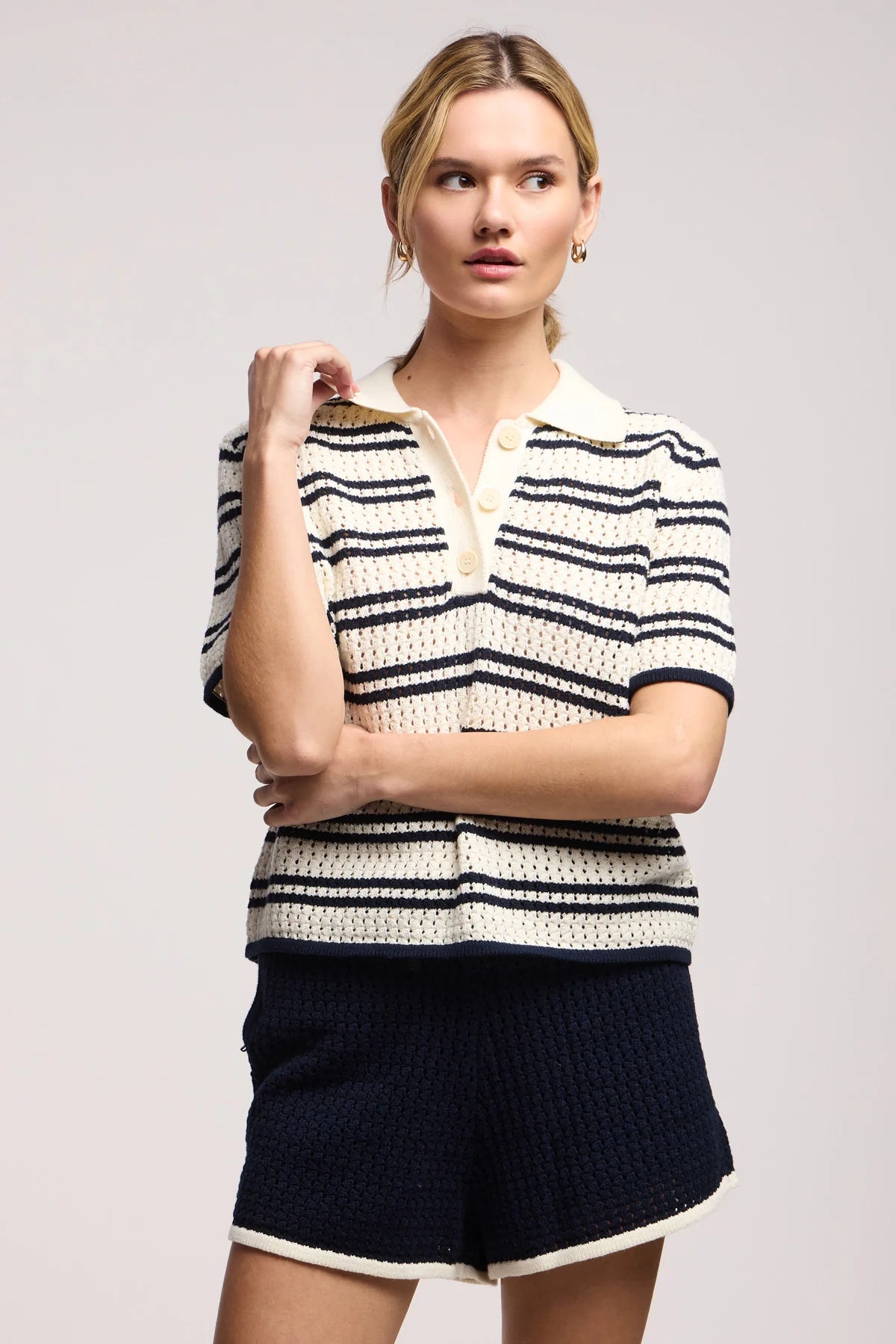 Volumae Navy Stripe Knit Polo Top