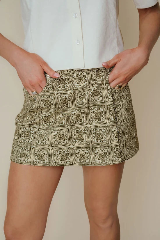 Las17 Green Flower Print Skort