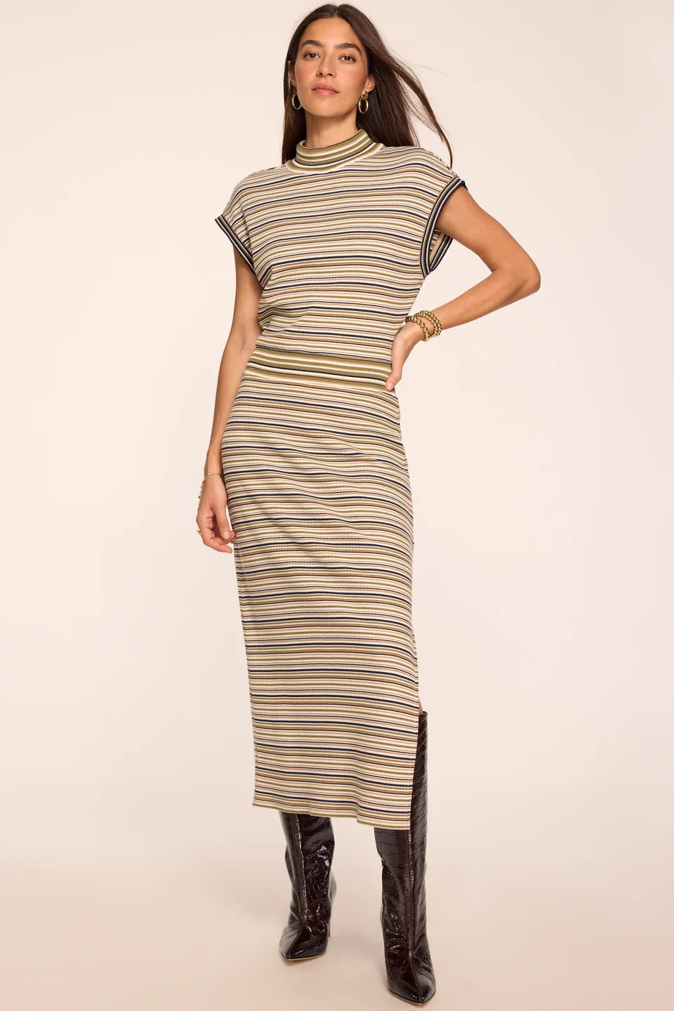 Ra3018 Striped Mock Neck Midi Dress