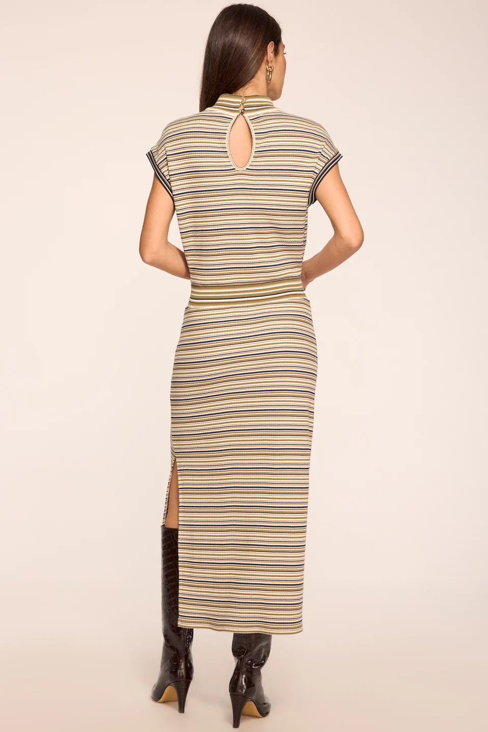 Ra3018 Striped Mock Neck Midi Dress