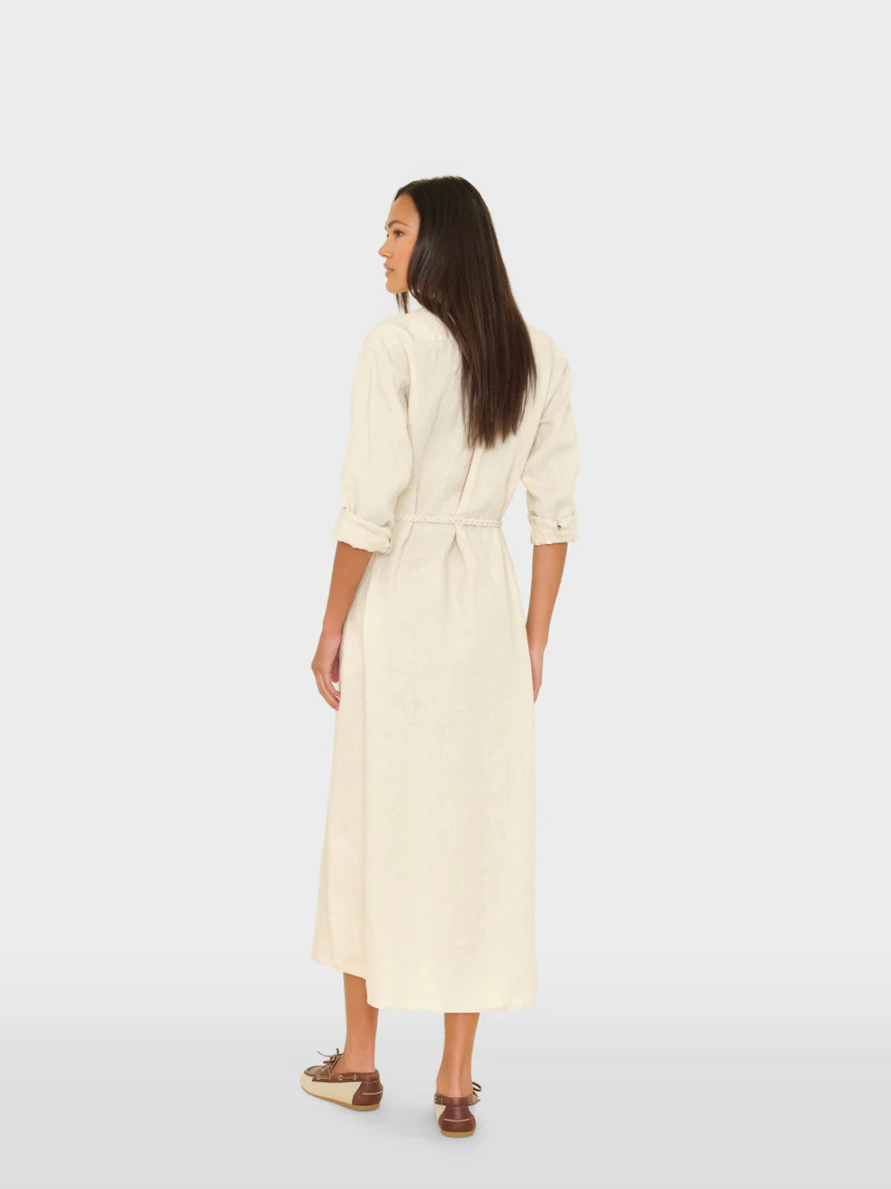 Xi045 Belted Linen Midi Dress