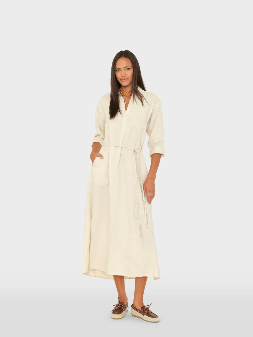 Xi045 Belted Linen Midi Dress