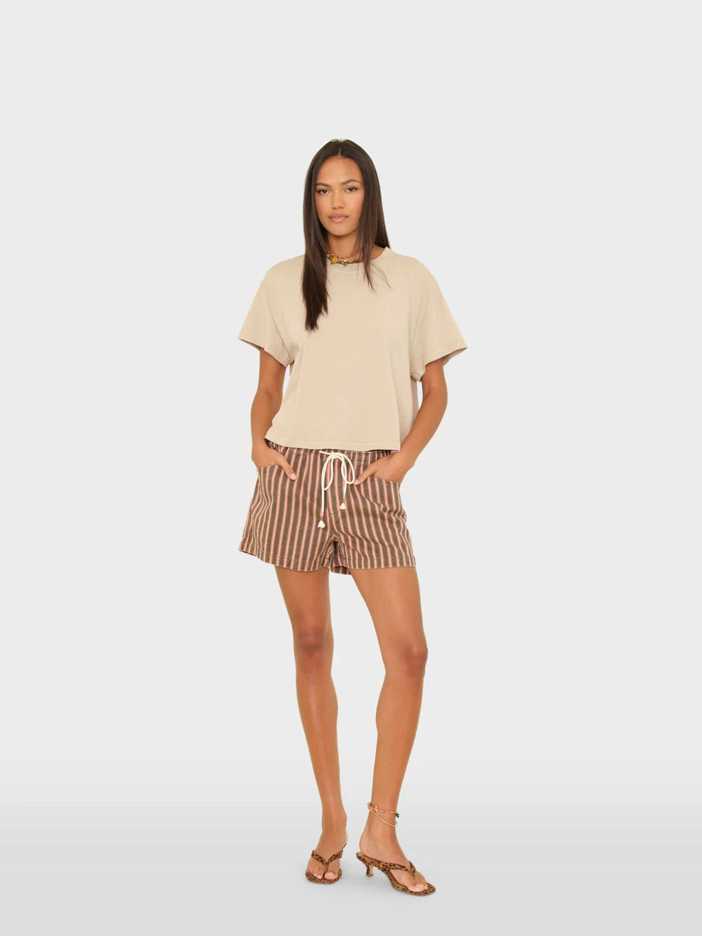 Xixd046 Brown Stripe Denim Shorts