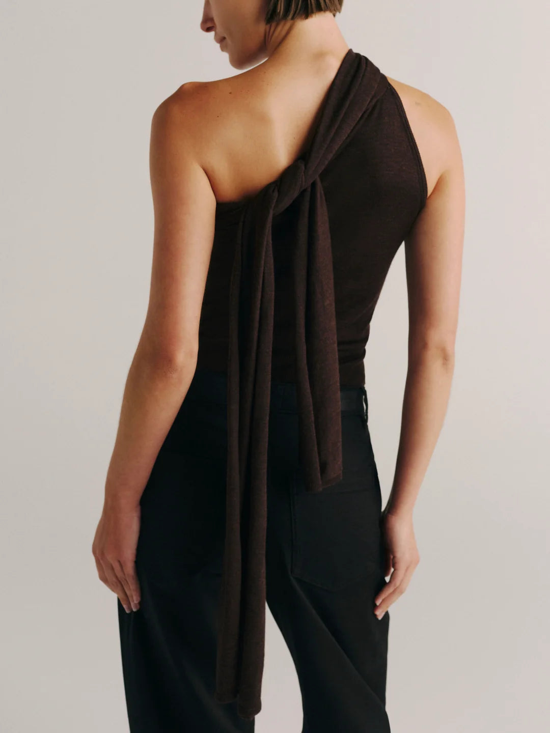 Dl90079 Brown Tie Neck Top