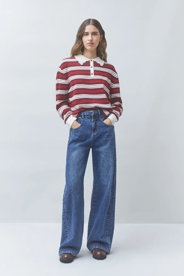 Sun1180 Burgundy Stripe Polo Sweater