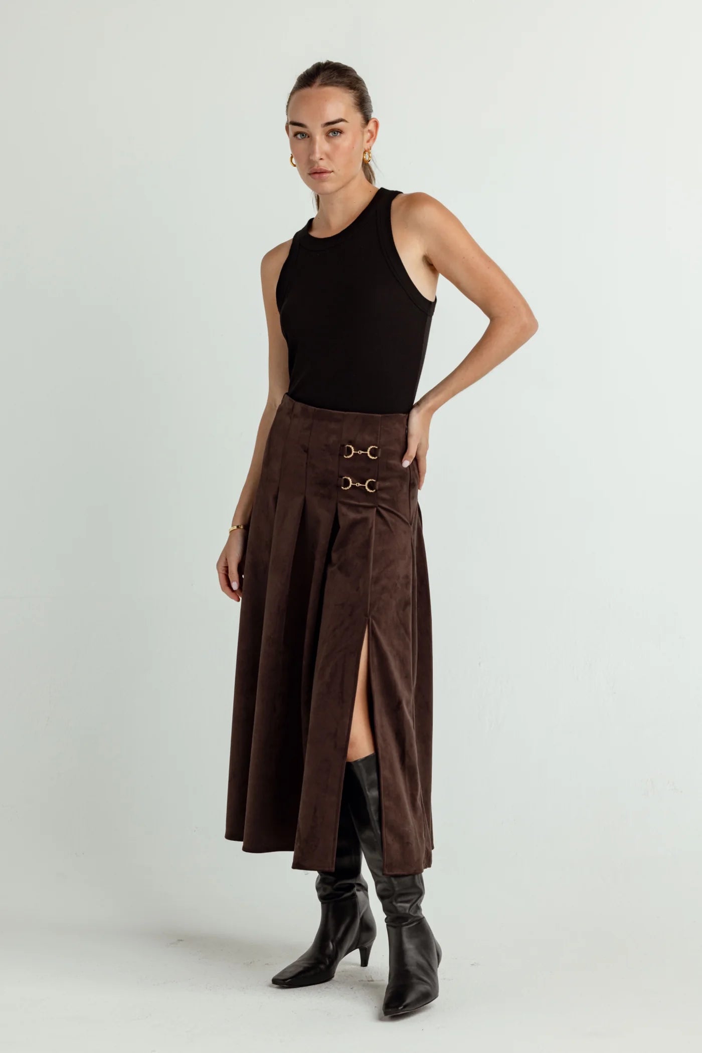Su198 Chocolate Suede Midi Skirt