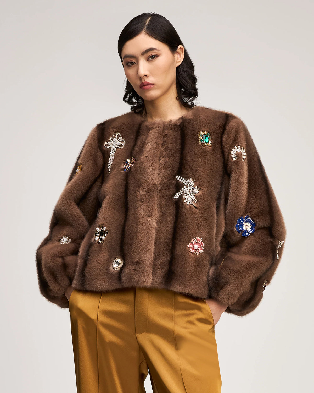 Ci113e8 Jewel Cluster Faux Mink Jacket