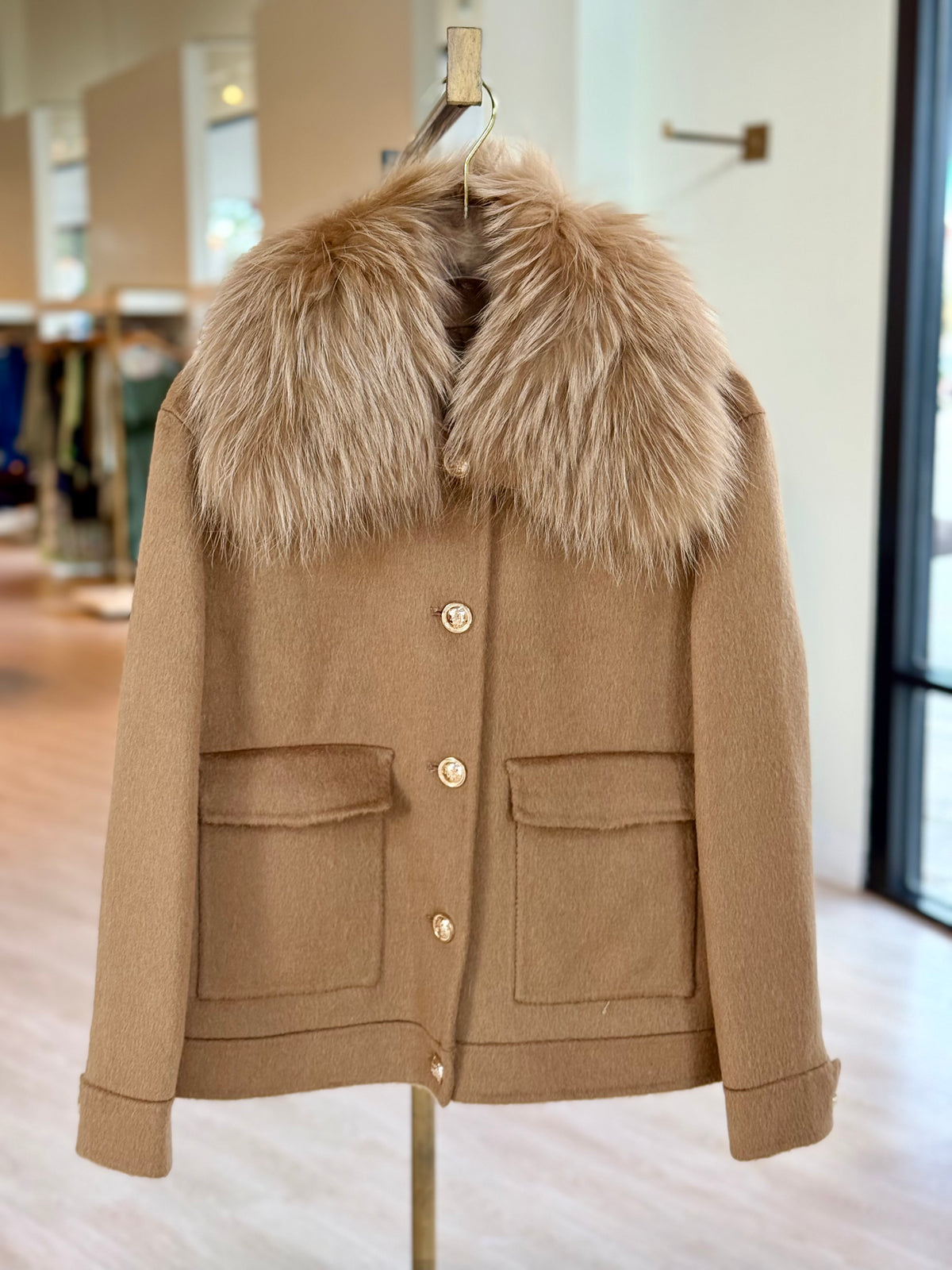Pl6308 Fur Collar Bomber Jacket - Dark Camel