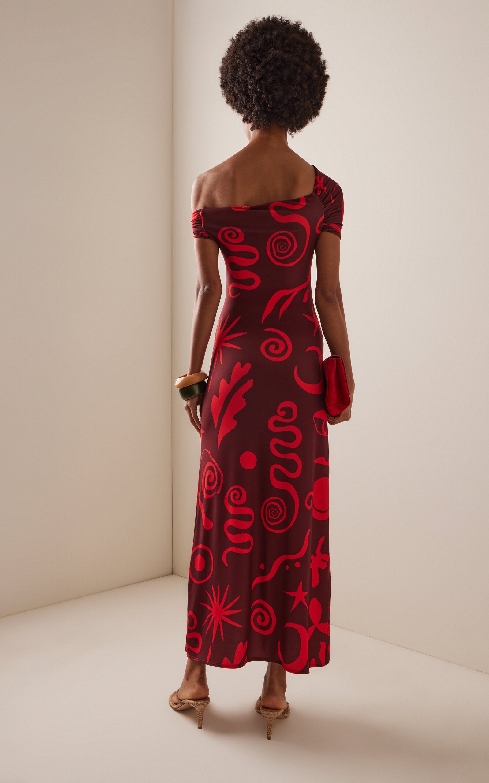 Cae584 Red Off Shoulder Jersey Maxi Dress